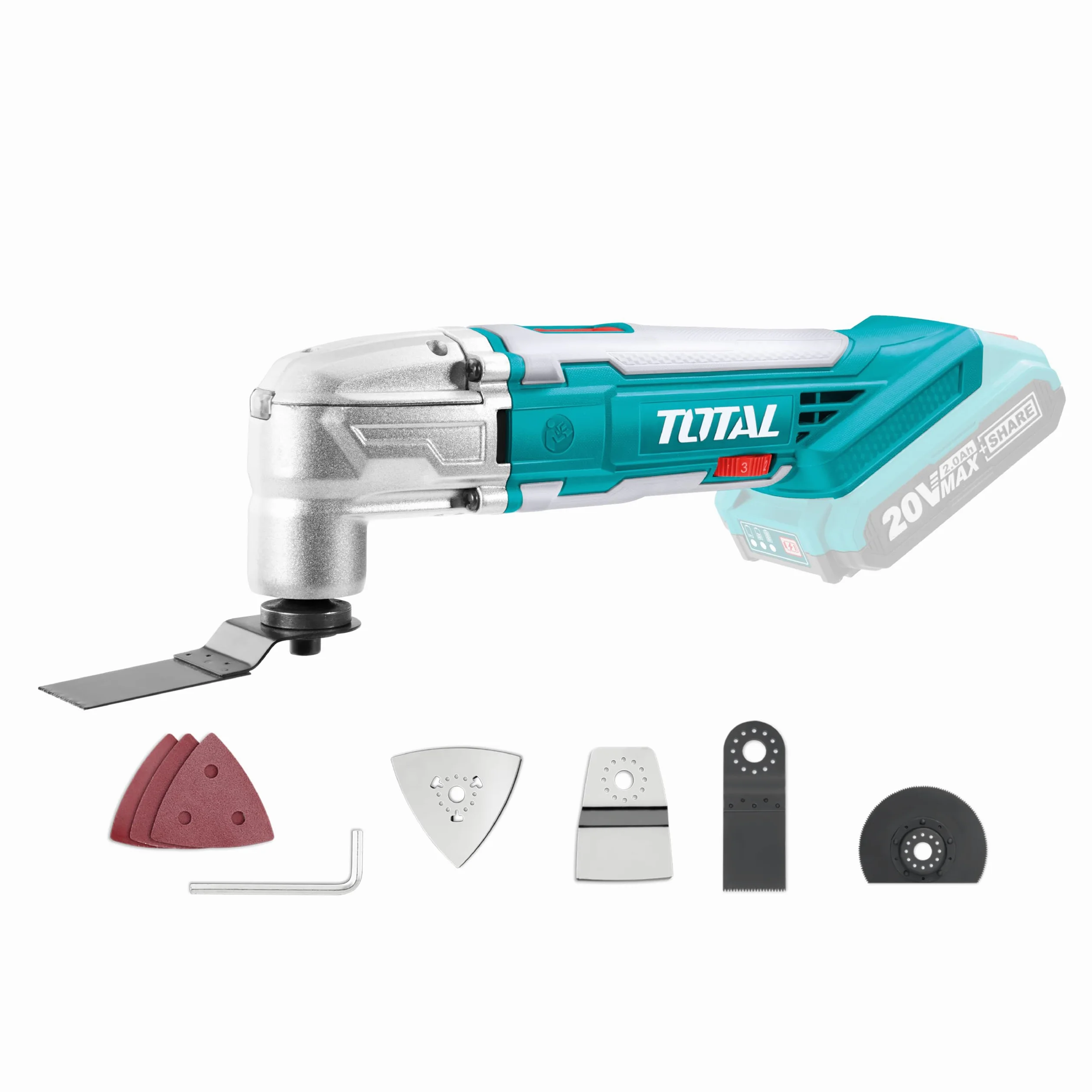TOTAL - Multiherramienta Eléctrica - A Batería P20S 20 V - Incluye Raspador, Sierra, Sierra Segmentada, Llave Hexagonal y Base de Lija - Incluye 3 Hojas de Lija - Velocidad Regulable