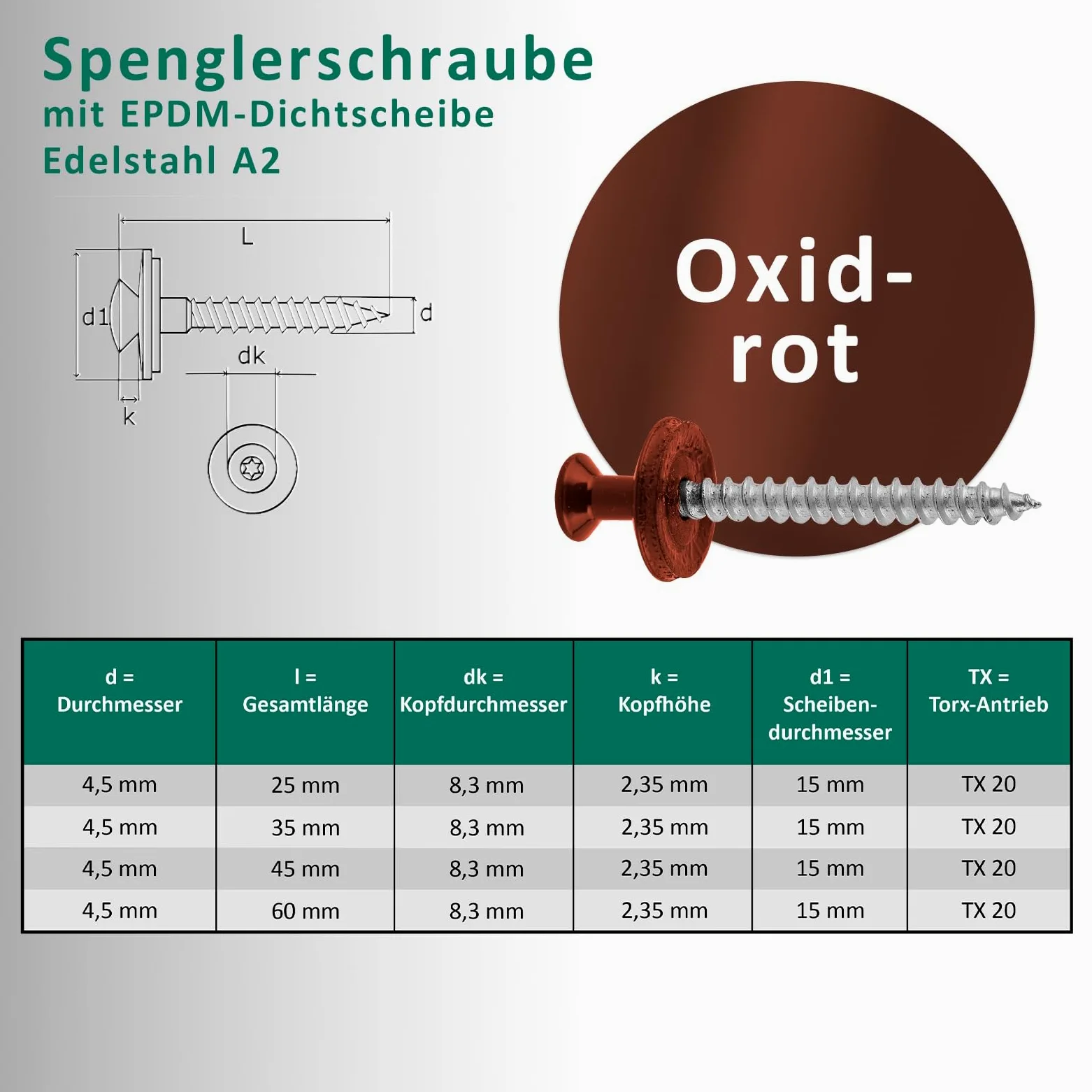DSM Tornillos de fontanería rojo óxido 4,5 x 45 mm, acero inoxidable A2, lacado RAL 3009, con arandela de sellado EPDM (15 mm), accionamiento TX, similar a DIN 7995/DIN 9171, 100 unidades