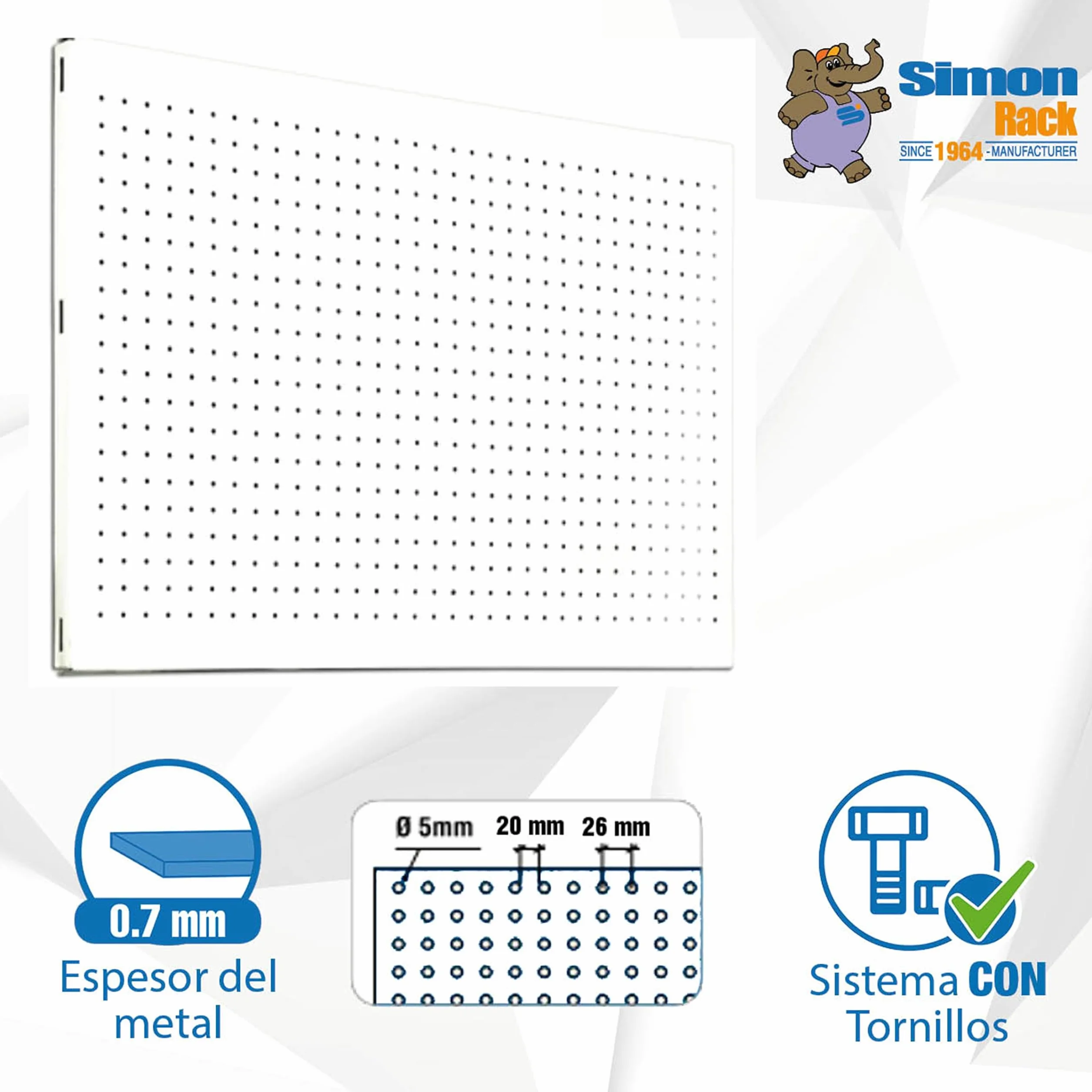 Simon Rack Panel Herramientas Pared, 900x400 mm, Metal, Blanco