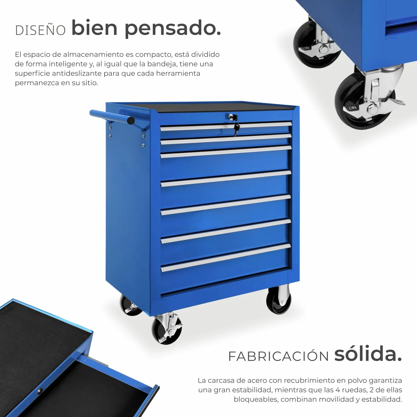 Tectake Carrito Auxiliar con Ruedas, 7 Cajones, Organizador de Herramientas, Armario Metálico, Azul
