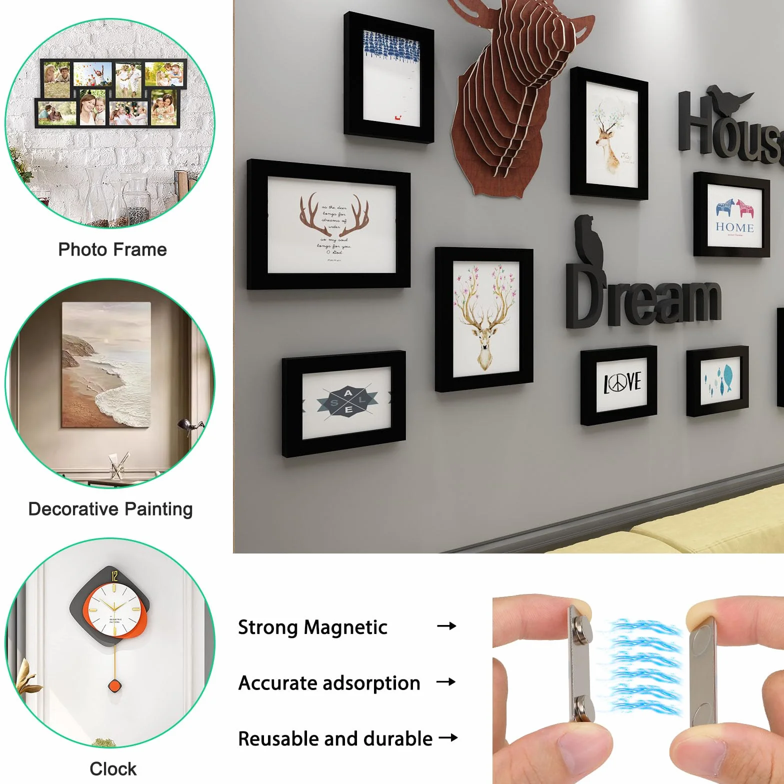 Colgador de cuadros magnético para pared, sistema para colgar cuadros y pósteres magnéticos, imanes de pared resistentes, diseño antideslizante - 4,5 x 1,3 cm (Paquete de 24)