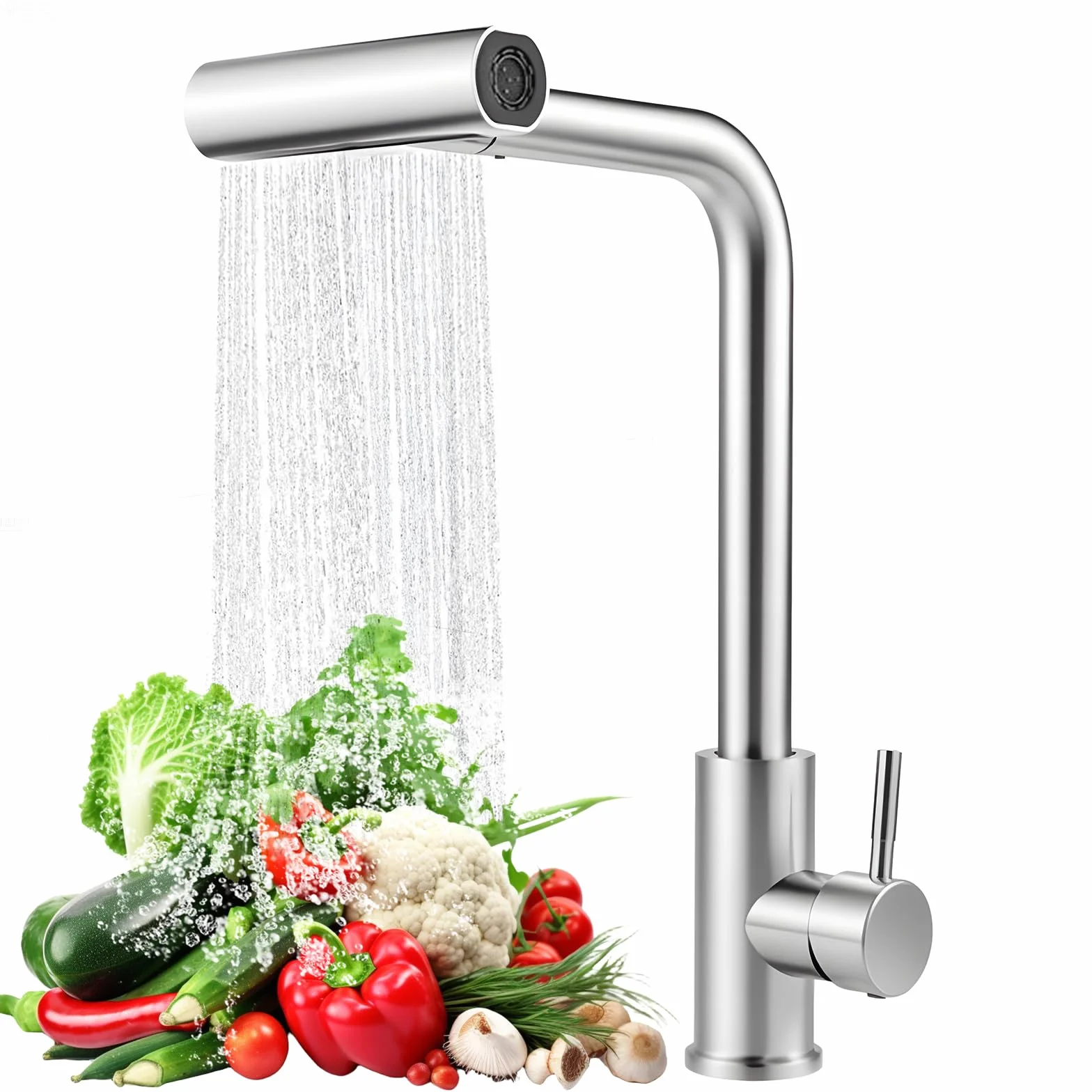 Grifo de Cocina con Cascada, Grifo Giratorio de Acero Inoxidable con 4 Modos de Chorro y Boquilla Extraíble