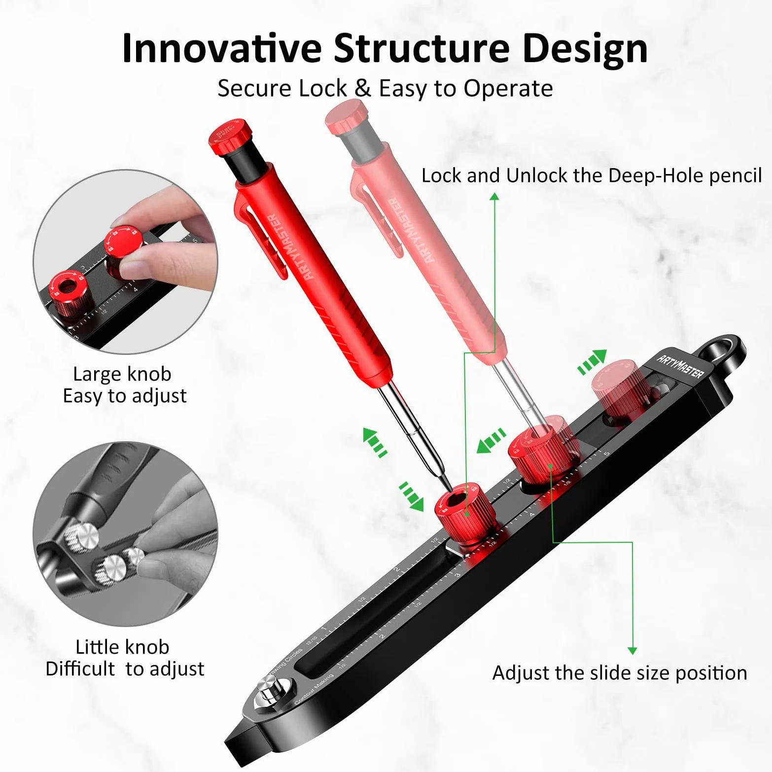 ARTYMASTER Herramienta de trazado multifunción, herramienta de trazado de carpintería, herramienta portátil de aleación de aluminio para carpintería, brújula para carpintería, calibre de marcado