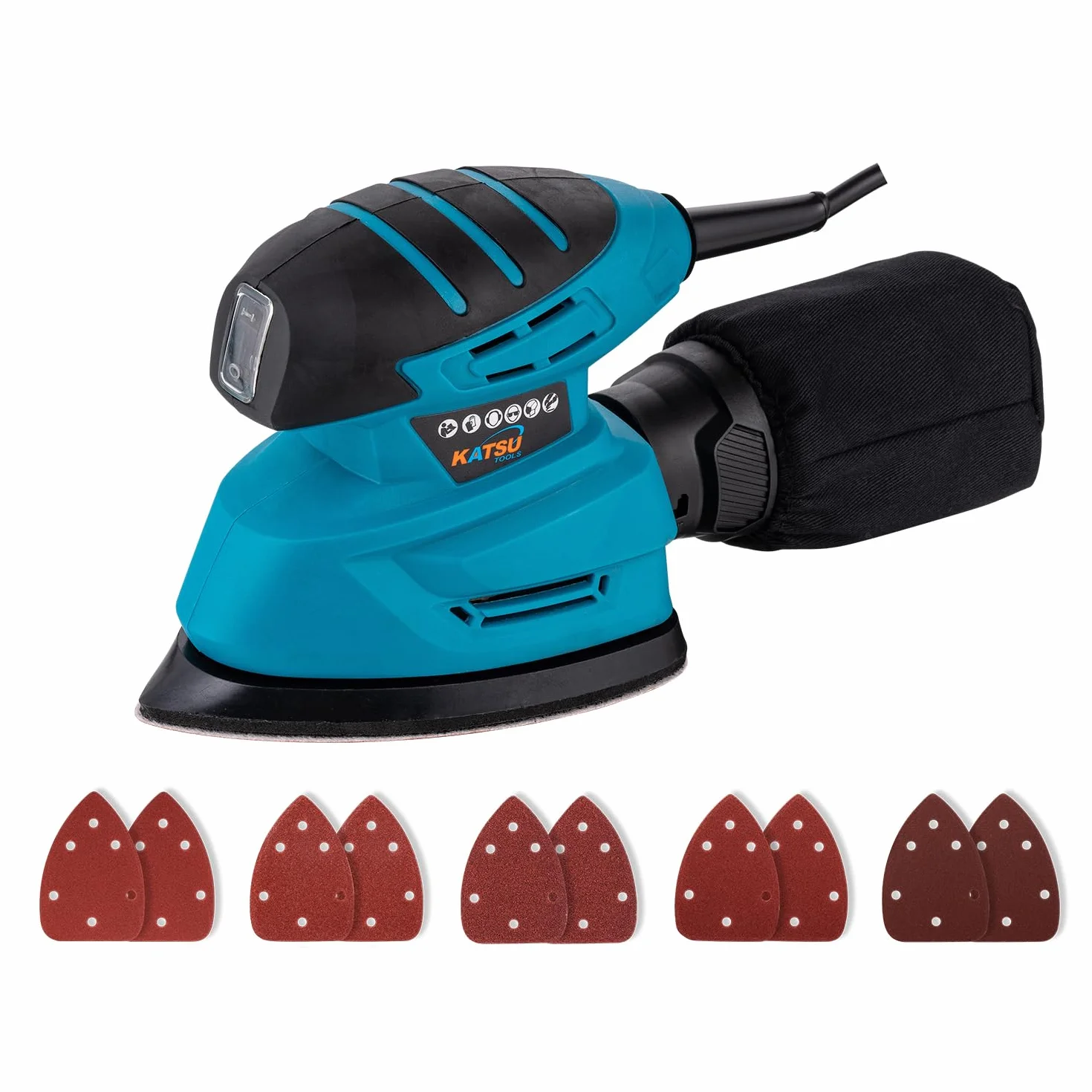 KATSU Tools Lijadora Eléctrica de Detalles 130W, con Puerto de Extracción de Polvo y 10 Hojas de Lija, para Decoración y Acabado de Muebles (Económica)