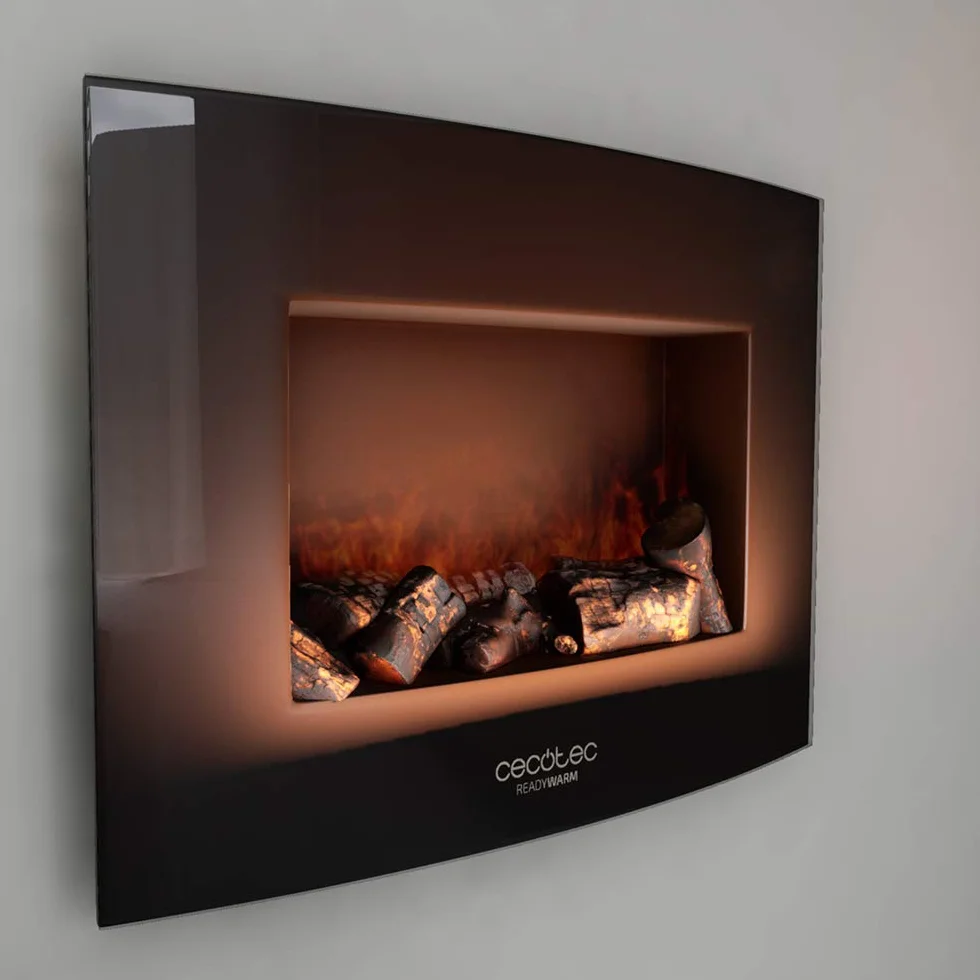 Cecotec Chimenea Eléctrica Decorativa 22” con Mando a Distancia Ready Warm 2210 Curved Flames. Máxima Potencia 2000W, 2 Intensidades, Panel Curvo de Cristal Templado, Llama Ajustable, Temporizador