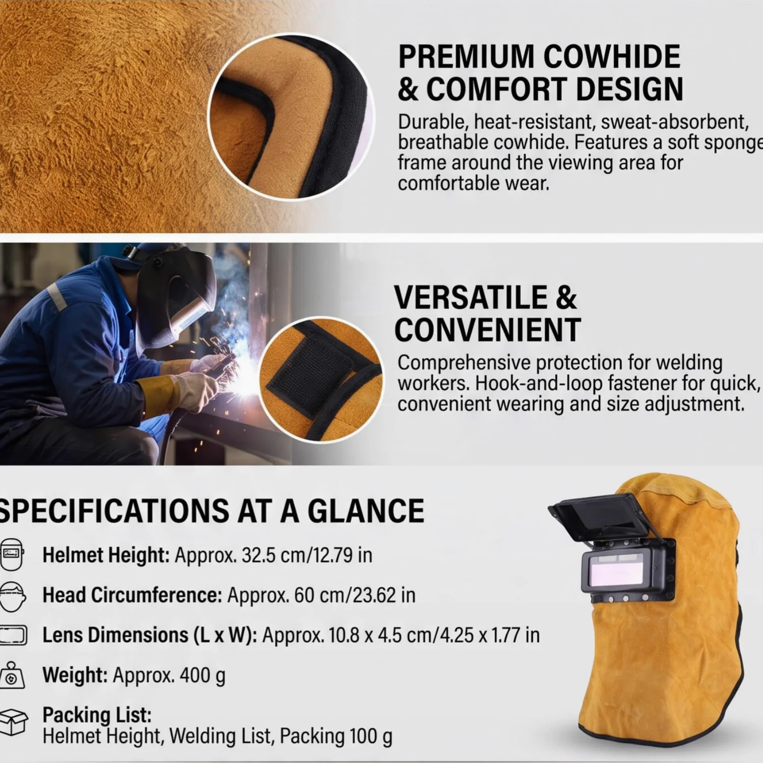 Casco de Soldadura de Cuero con Lente de Oscurecimiento Automático para Protección Facial y Cuello Pantalla de Soldador con Ajuste Rápido y Material Transpirable