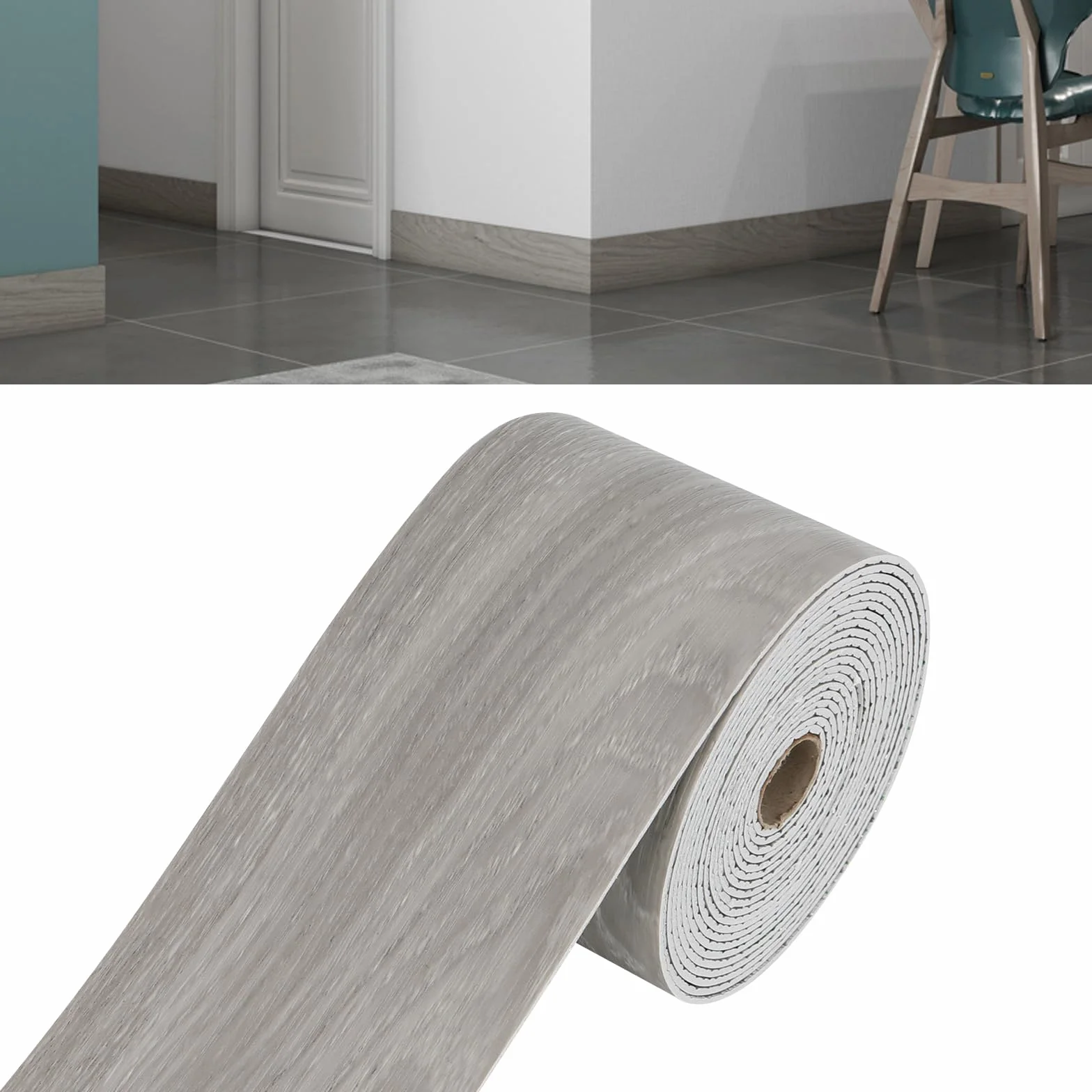 10cmx10m Rodapié Flexible Autoadhesivo, Blando Rodapie PVC Impermeable Brillante Zócalo Suave Borde de Papel Pintado Decoración (Grano de Madera Gris)