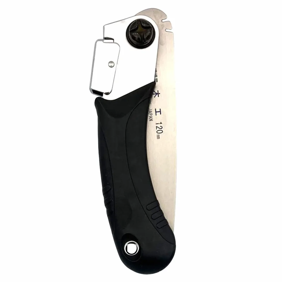 ISHINOKO Mini sierra japonesa plegable – 120 mm de hoja de 0,7 mm de grosor, fijación de 2 ángulos – Made in Japan – portabilidad camping – mujeres y niños – manejo sencillo