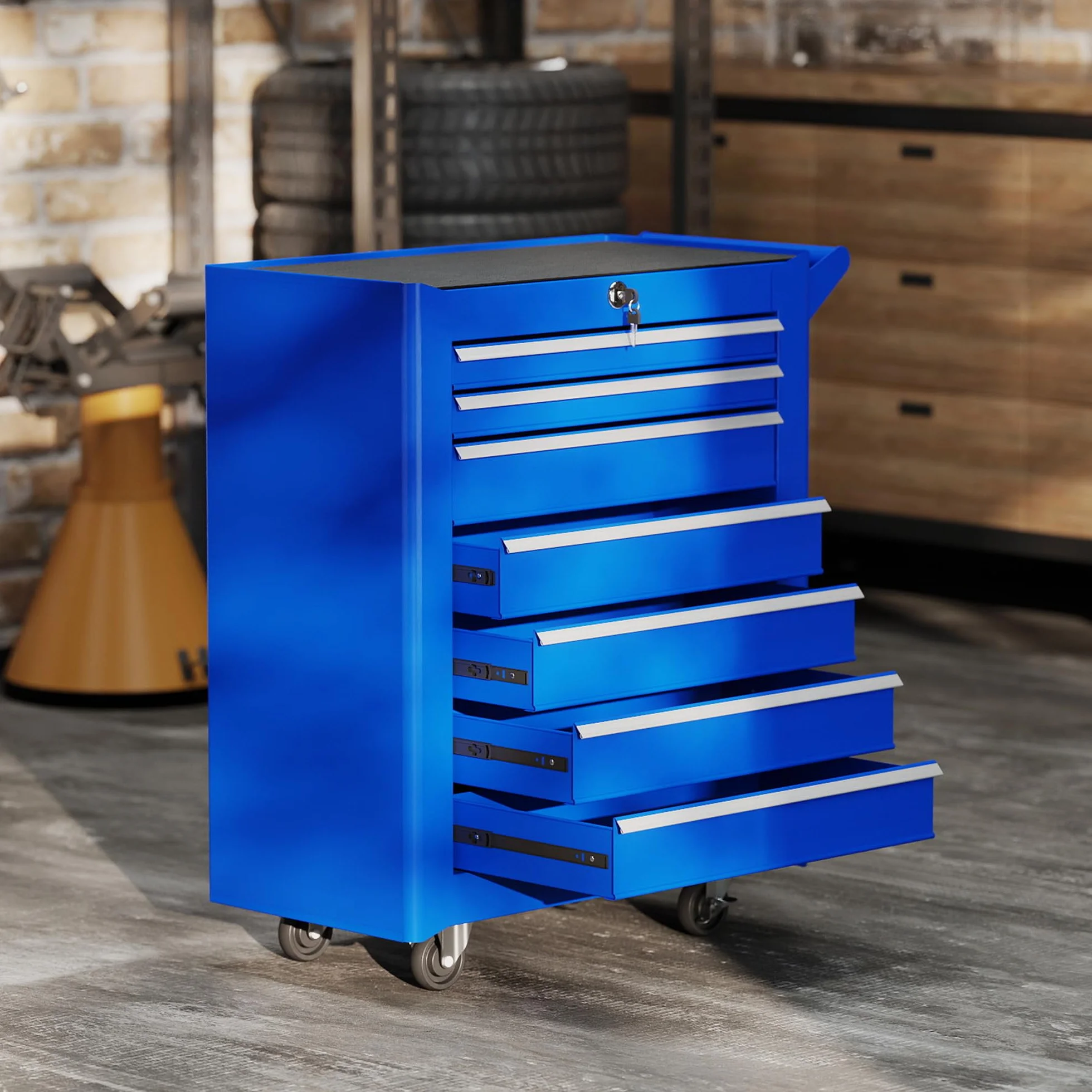 DURHAND Carro de Herramientas 7 Cajones con Cerradura, Asa, 2 Ruedas Freno de Bloqueo, Azul