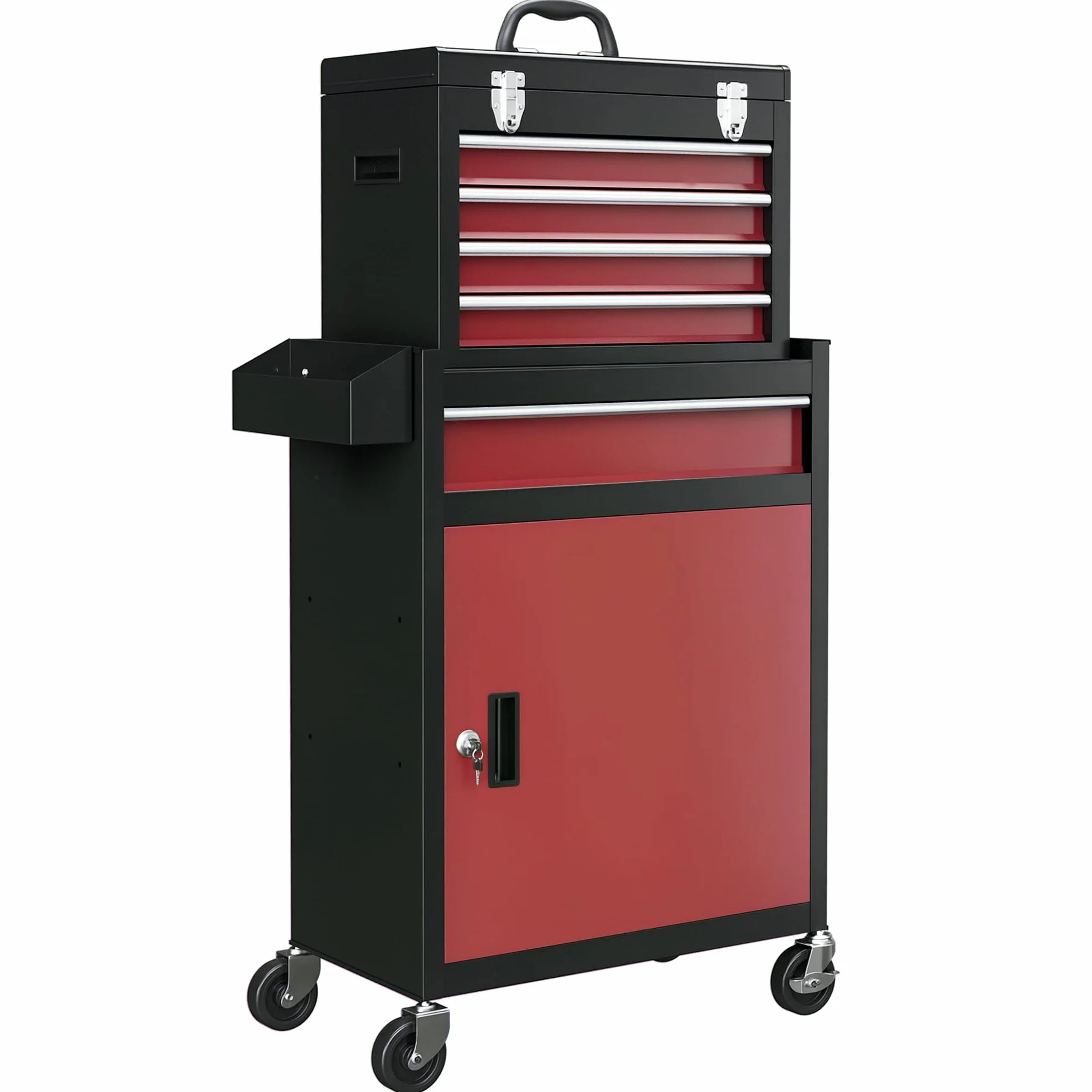 HOMCOM Carro de Herramientas 5 Cajones Cerraduras Taller Ruedas Caja Acero Puerta Extraíble Negro Rojo