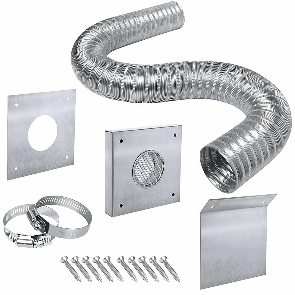 Kit de entrada de aire fresco para estufa de pellets, tubo flexible de aluminio de 2 pulgadas con abrazaderas de placa de pared de acero inoxidable y campana de lluvia para instalación de ventilación