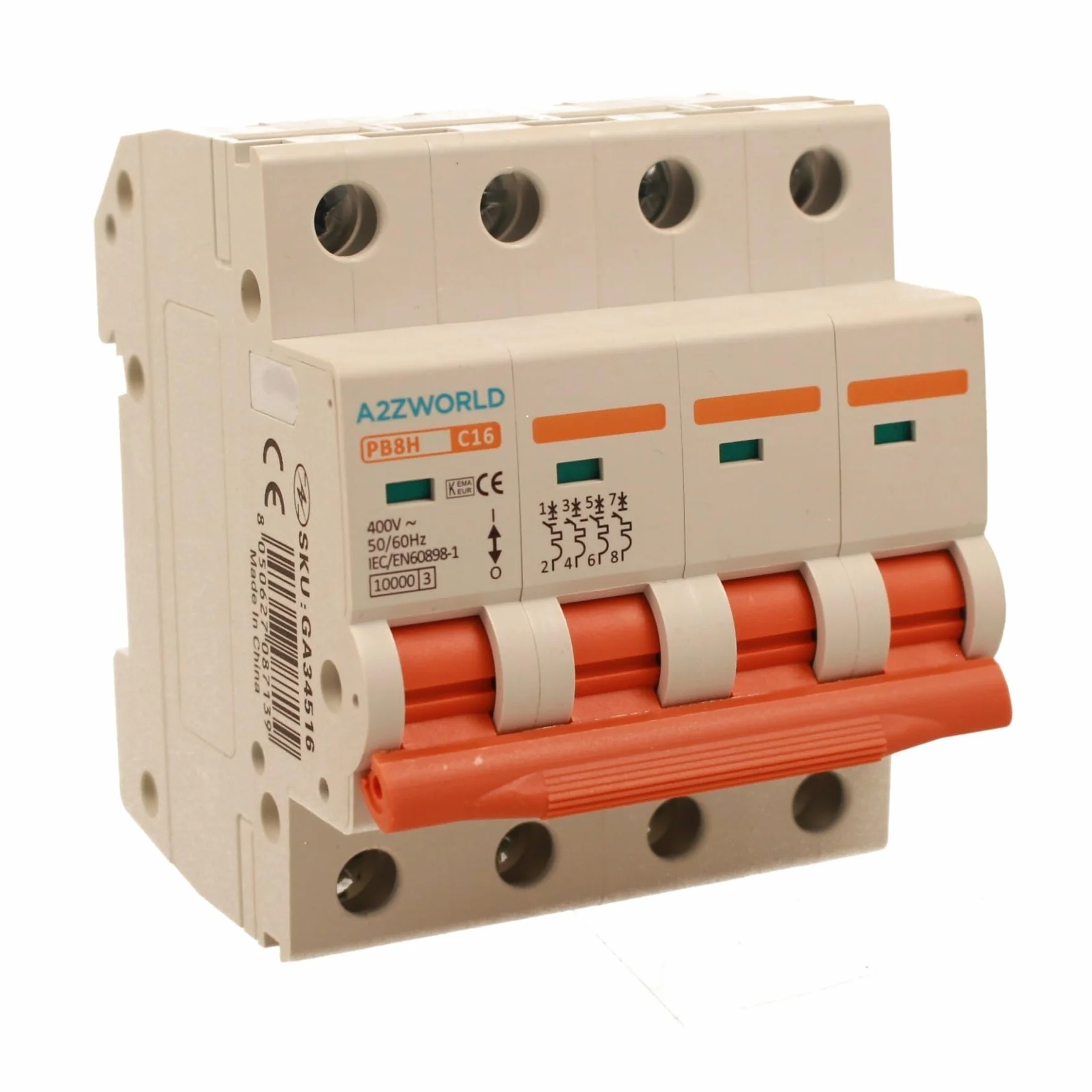 Interruptor magnetotérmico trifásico 4P 16 A C16, curva C 10 kA, 4 módulos DIN 380 V AC, certificado IEC60898-1, serie PB8H