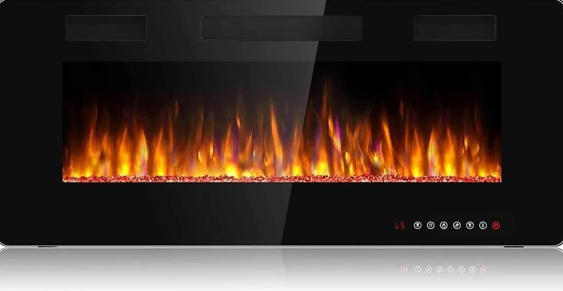 Waleaf Chimenea Eléctrica, 42"/106.6cm Chimeneas Electricas Decorativas con Calefacción, Efecto de Llama 3D, 12 Colores de Llama, Termostato 750/1500W, Chimenea Empotrada y Montada en Pared