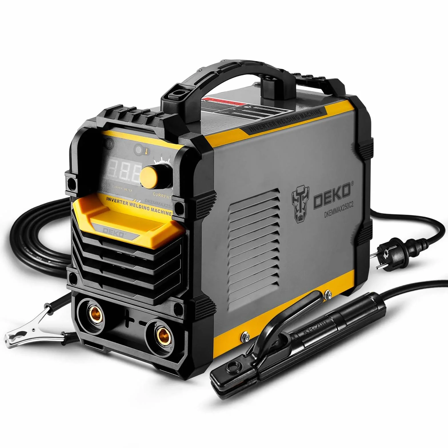 DEKO Soldadora 220V MMA, 250A Soporte de Electrodo para Máquina de Soldar ARC, Pinza de Trabajo, Cable Adaptador de Alimentación de Entrada