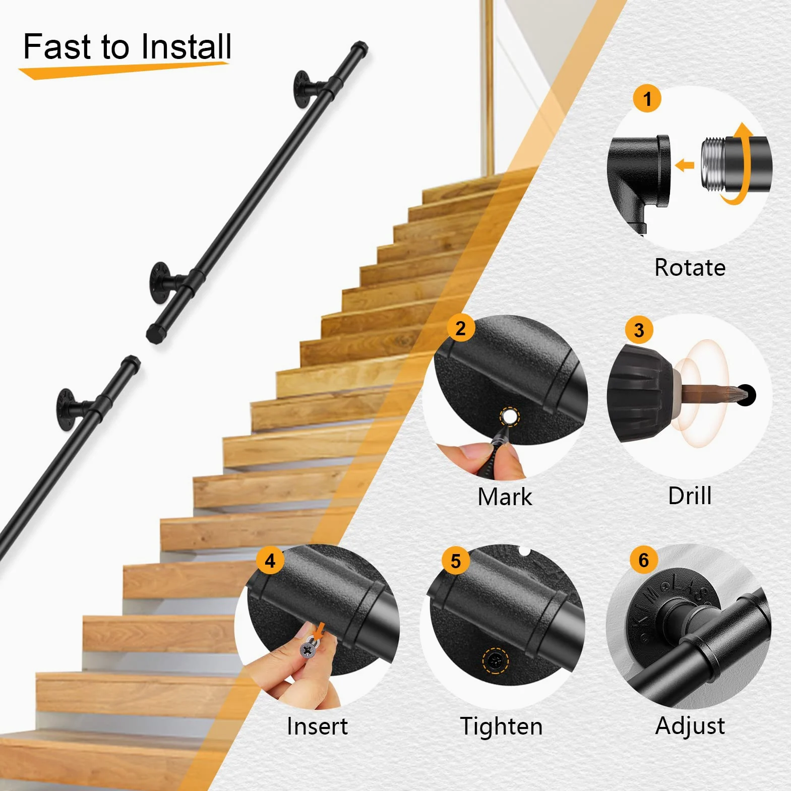 Pasamanos para Escaleras, VAYOTOY Barandilla Escalera Pasamanos Estilo Industrial Profesional Negro con tubo de acero Galvanizado Industrial Antideslizante para Cocina Baño Jardín, 1M