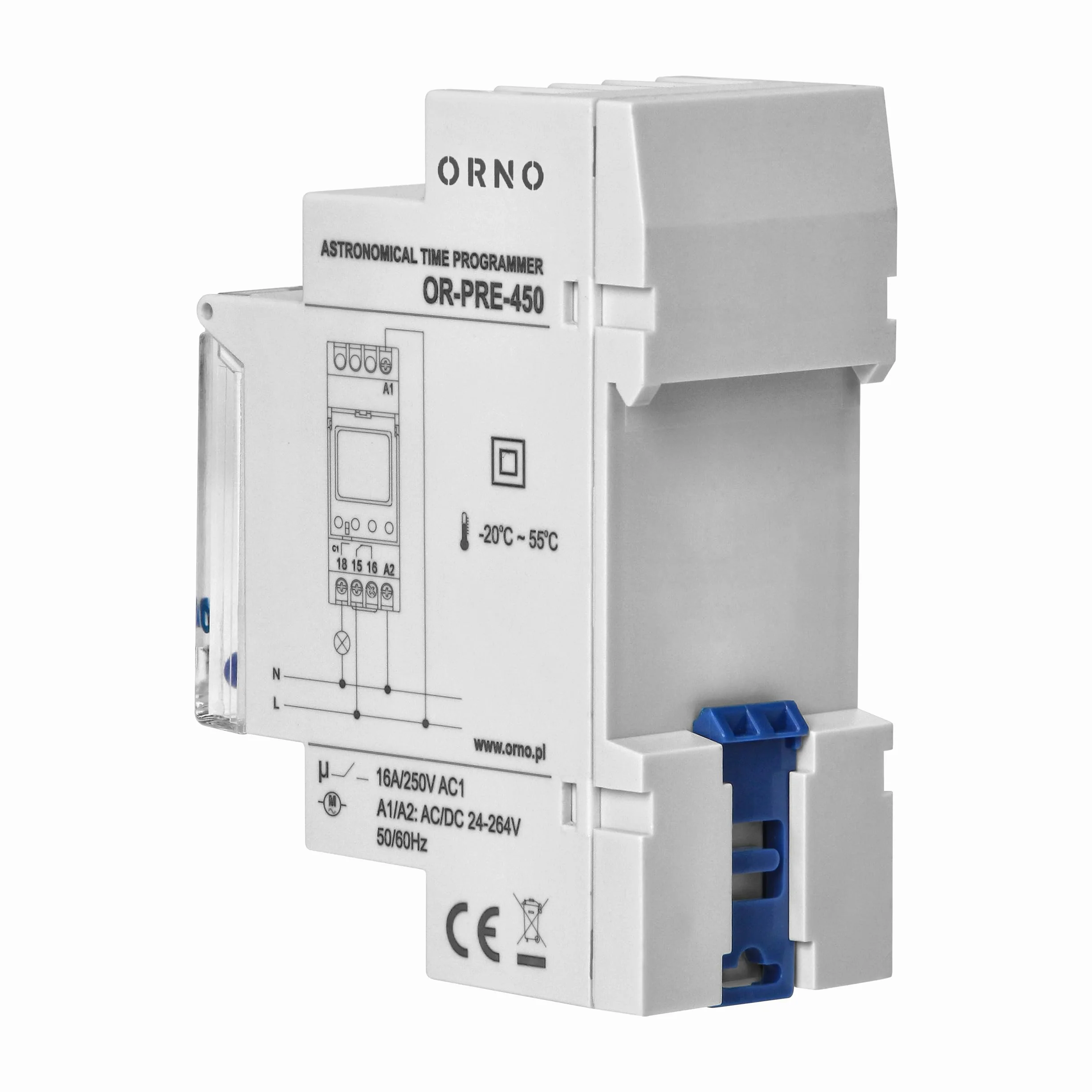 ORNO PRE-450 Interruptor Horario Astronómico 52 Programas 1 Salida de Relé máx.16A/230V 2 Módulos de Anchura DIN TH-35mm Blanco