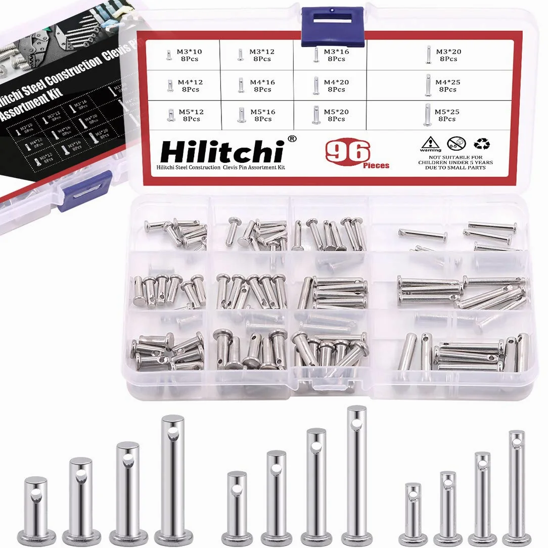 Hilitchi - Juego de 96 pines de acero inoxidable 304 (12 tamaños 304, juego de bisagras de eslabones, cabeza plana, M3 M4 M5, varios tamaños
