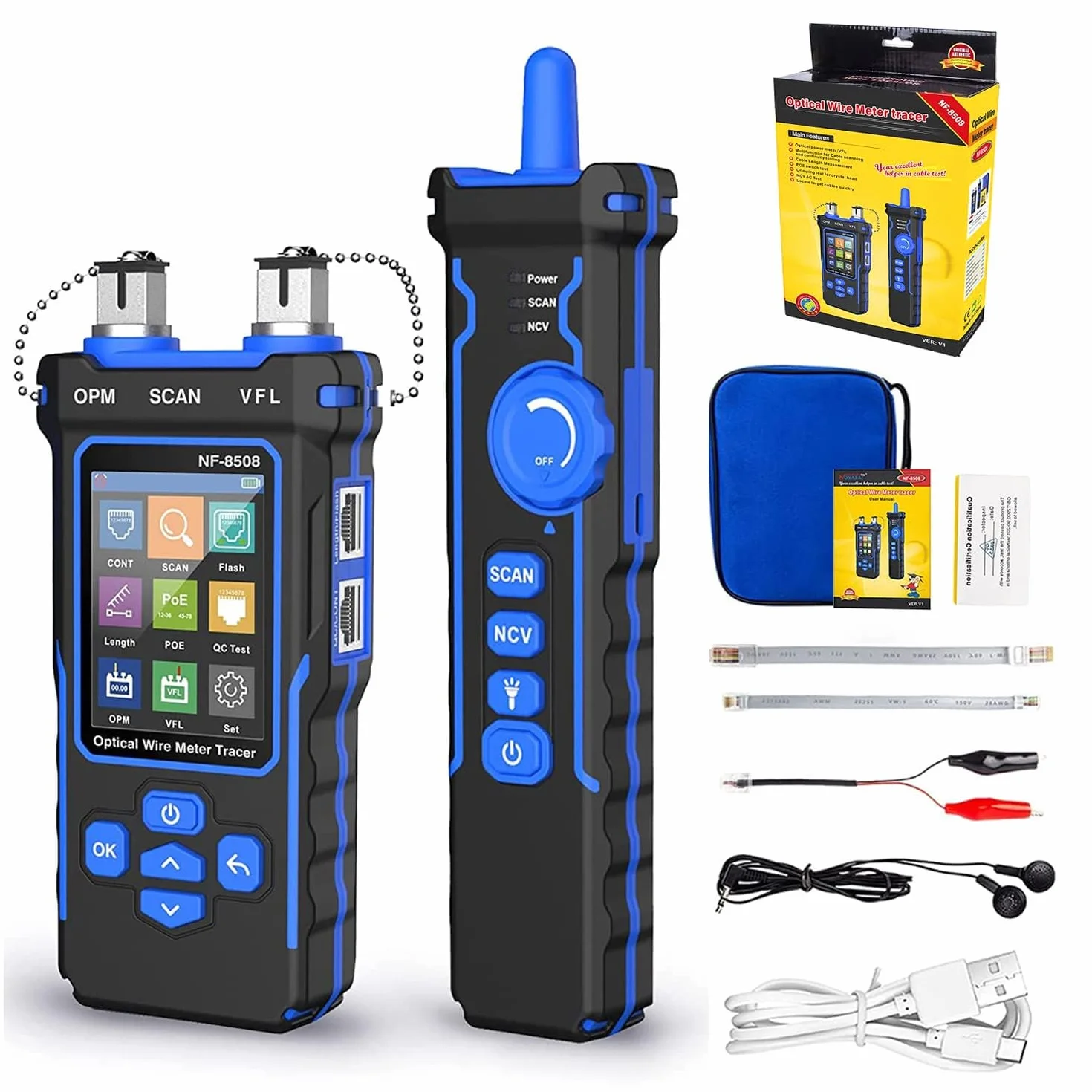 NOYAFA NF-8508 Probador de Cables Red Ethernet Medidor de Potencia Óptica Tester RJ45 RJ11 VFL PoE NCV Longitud Mapeo Cat5 Cat6