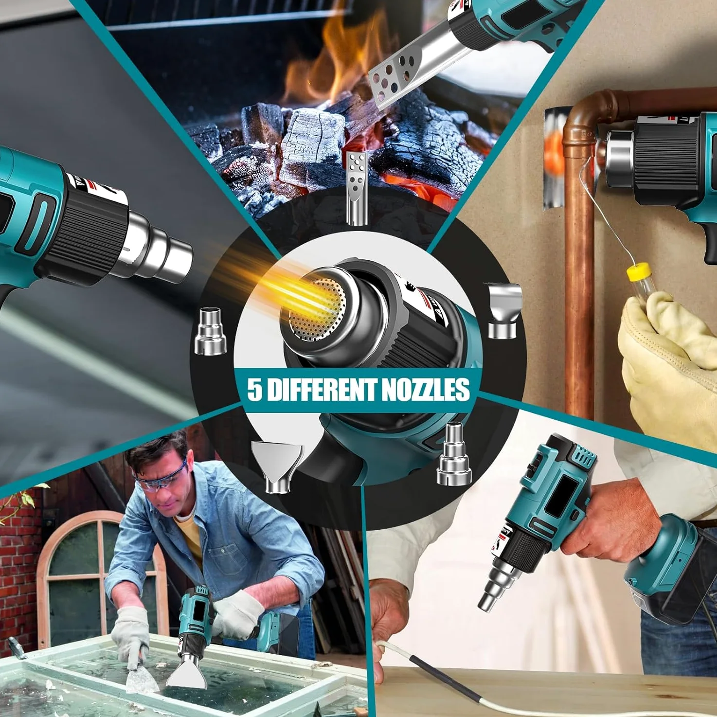 Decaper térmico inalámbrico para batería Makita 18V, 600W 50℃-550 ℃ Decaper térmico AVCE 5 Bocas de ventilación, 6 velocidades de viento, pantalla de temperatura LED, para manualidades, tubos