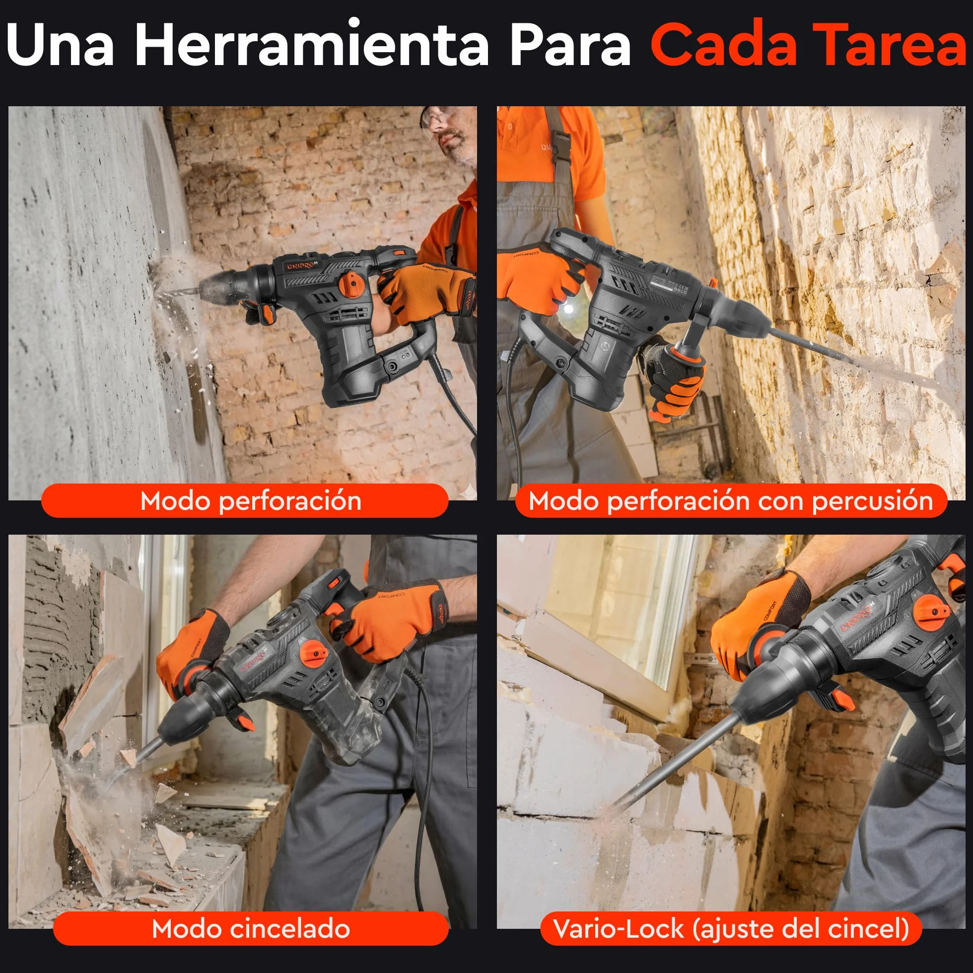 Martillo Perforador SDS Plus 1650W 5,5J, Taladro Percutor Profesional 4 Modos, Velocidad Variable, Sistema Antivibración, Embrague de Seguridad R-Control, Ø36 mm Hormigón, Cable 4 m, BH-20