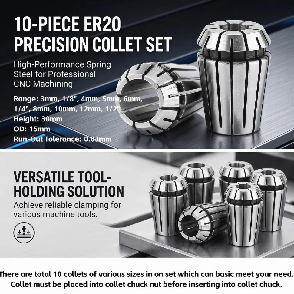 Paquete de 10pcs / set Set de pinza de alta precisión ER20 para máquina de grabado CNC y herramienta de torno de fresado 1/8 "~ 10mm