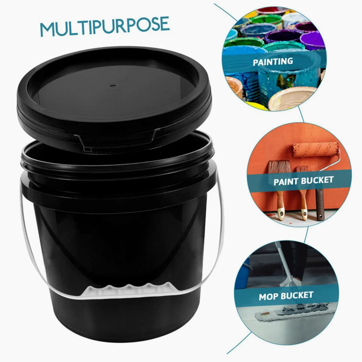 Cubo de Plástico con Tapa y Asa, 10l, Negro para Pintura | Recipiente Reutilizable de Pp, Boca Ancha, para Almacenar y Transportar Líquidos, Uso Profesional