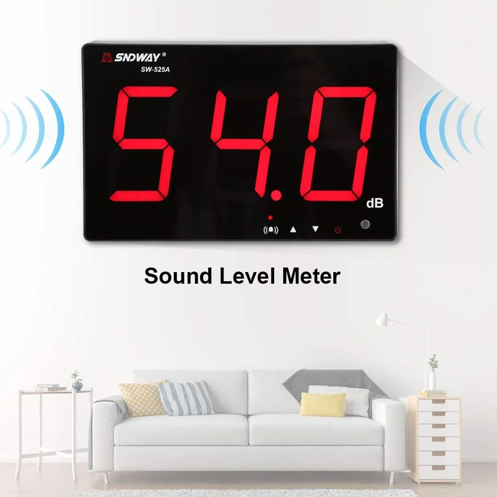 Medidor de nivel de sonido, 30~130db Pantalla LCD de 9,6" Probador de medición de ruido de decibelios para colgar en la pared con alarma(SW-525A)