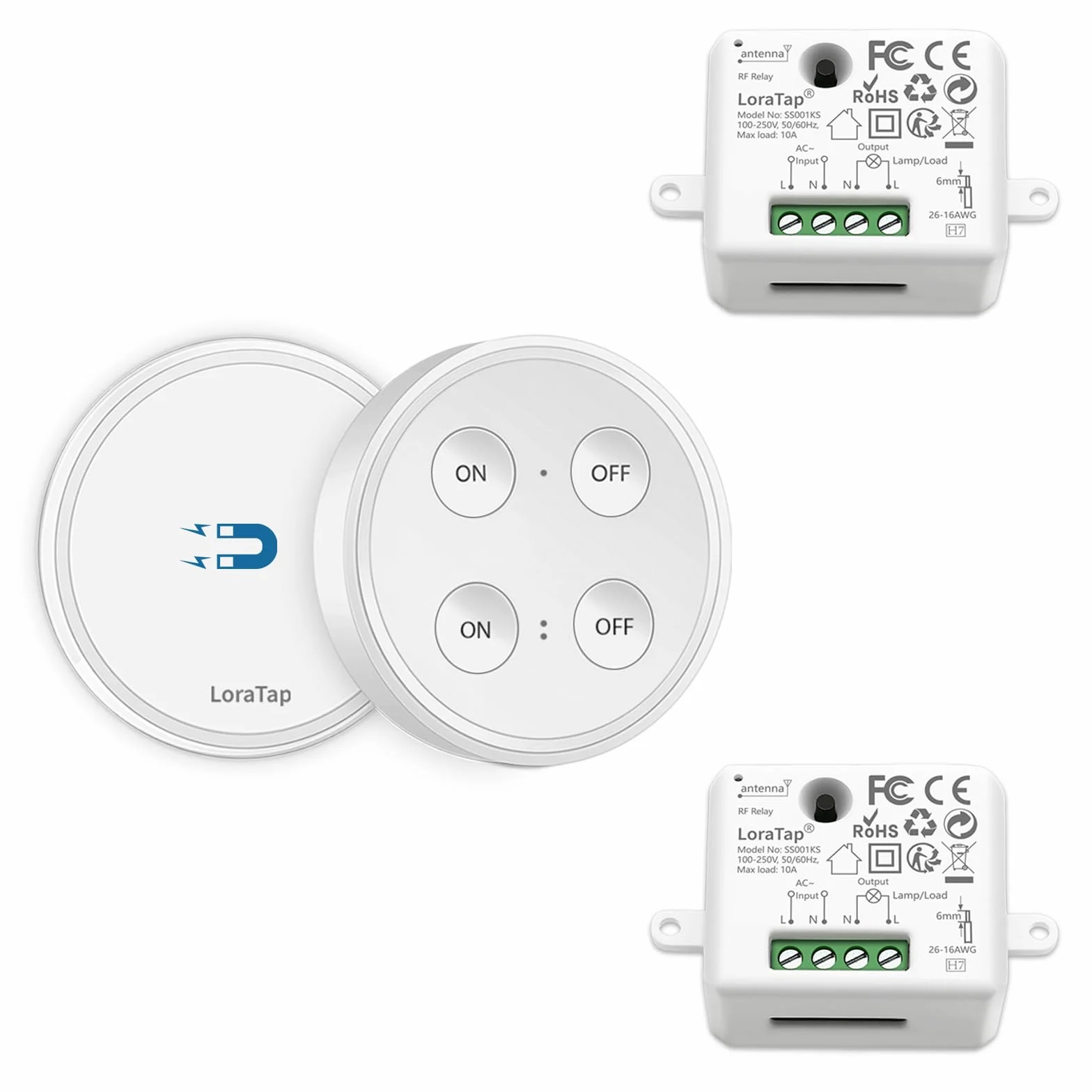 Kit de Interruptor de Luces Inalámbricas, LoraTap Interruptor Inalámbrico + 2 Piezas Receptor de Relevo Control Remoto de Radio Hasta 200m Mando a Distancia para Casa Iluminación y Electrodomésticos