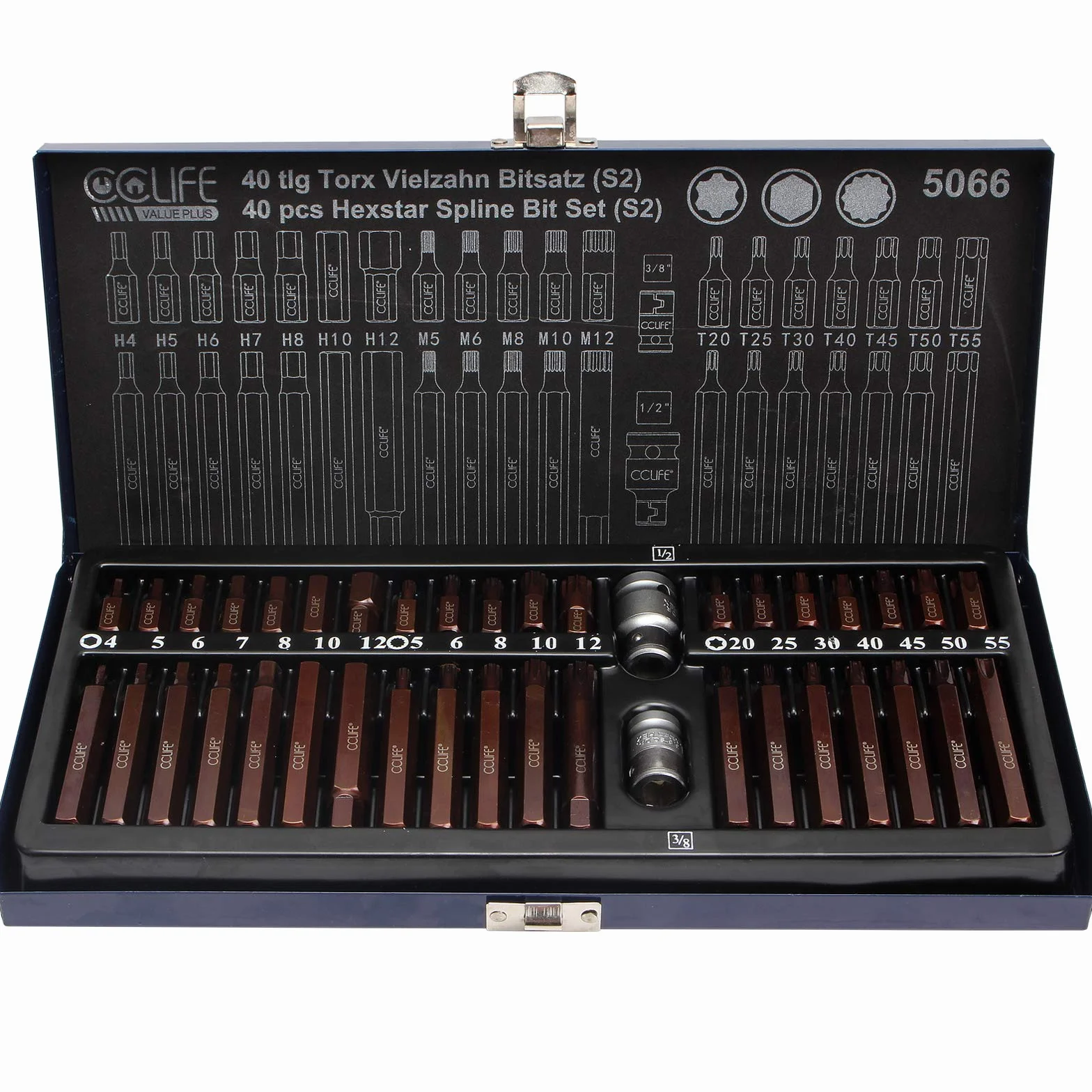 CCLIFE 40 piezas Juego de Puntas Torx XZN Puntas de Vaso Puntas Hexagonal S2 puntas T20-T55 M5-M12 H4-H12