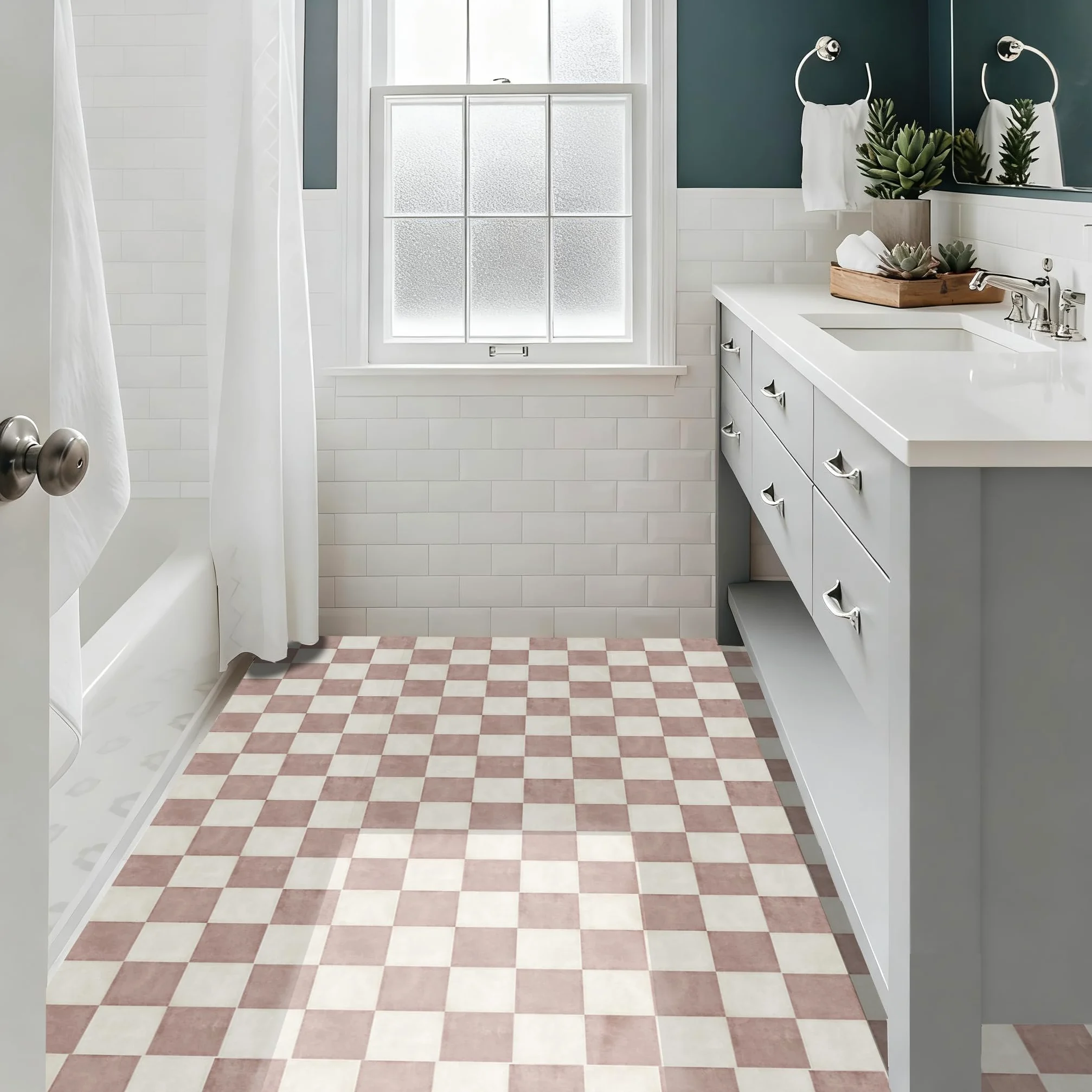 Alwayspon 30 x 30 cm x 10 unidades autoadhesivas para pisos de suelo, pegatinas de vinilo antideslizantes impermeables para decoración de cocina, baño, salón, blanco y rosa a cuadros