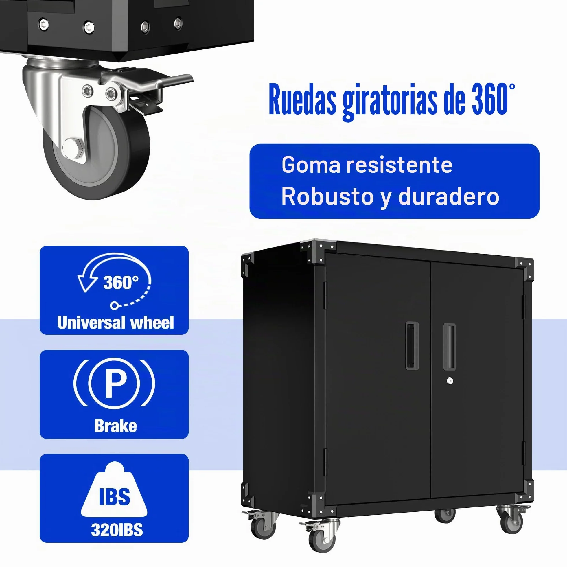 Armario de herramientas con ruedas, tablero de clavijas y 4 ganchos, 2 puertas y estantes ajustables