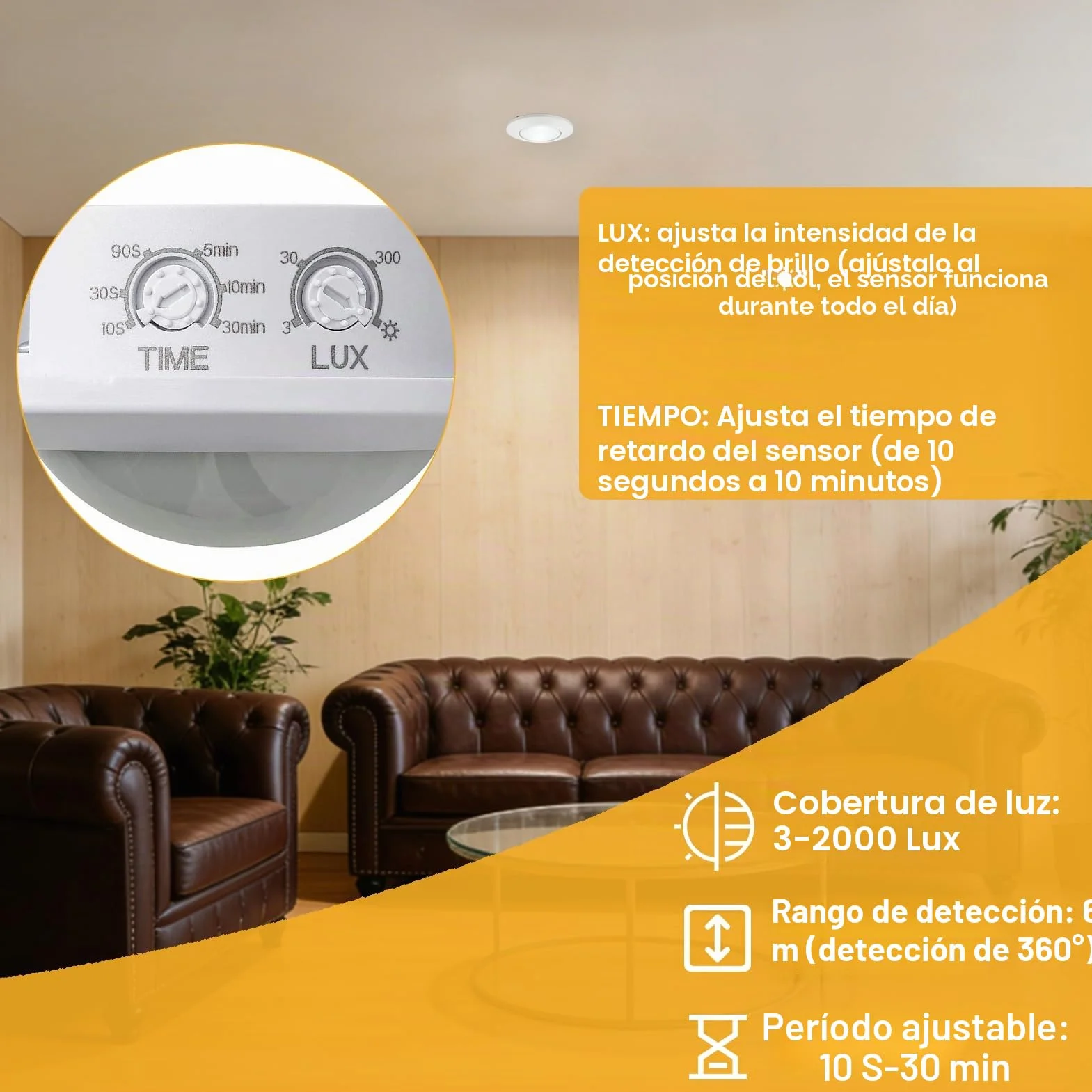 Detector de Movimiento Interior Empotrado Techo 360° 230V Sensor Presencia Ajustable 10s–30min para Lámparas LED