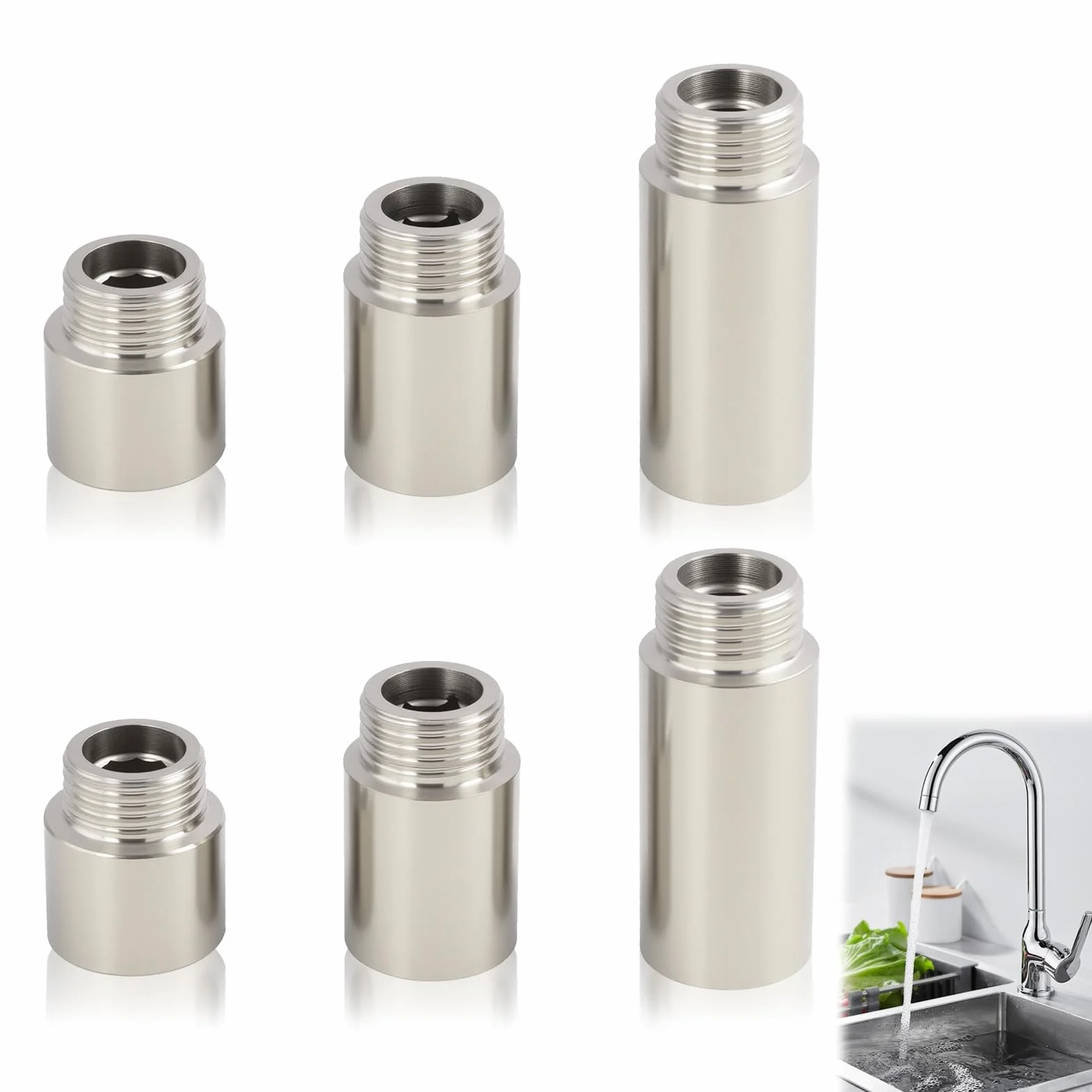 6 Piezas Extensiones de Grifo de 1/2 Pulgada, Racor de Prolongación de Acero Inoxidable, Adaptador de Grifo 1/2, Conector de Aireador de Grifo para Ducha y Tuberías de Agua