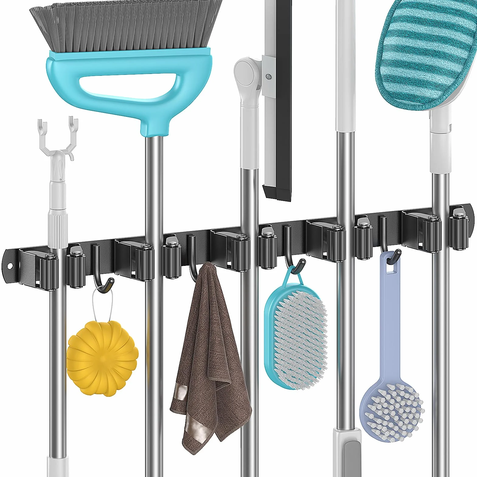 Colgador Escobas y Fregonas adhesivo, Soporte Escobas pared con 5 Soportes y 4 Ganchos, Sujeta Escobas pared de Acero Inoxidable atornillable, Negro