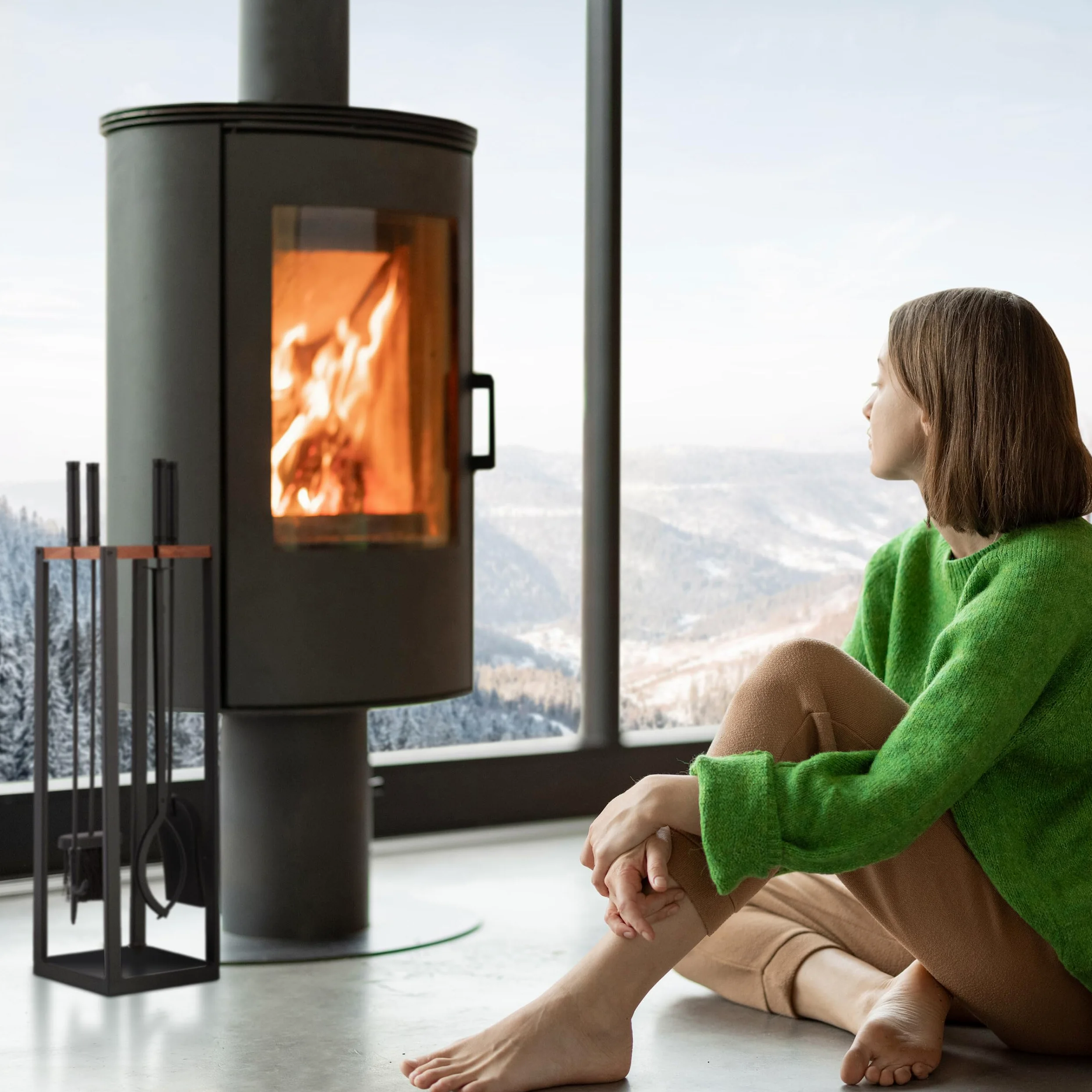 Relaxdays Accesorios Chimenea 5 Piezas, Juego de Estufa con Atizador, Pinzas, Escoba, Pala y Soporte, Negro/Marrón