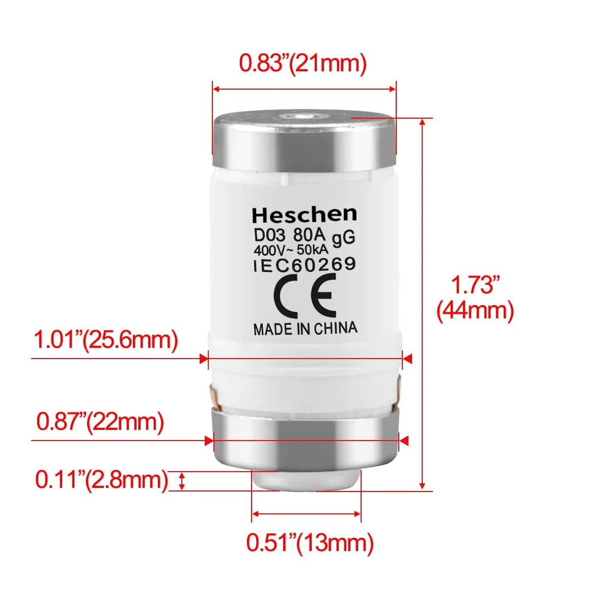 Heschen Eslabones fusibles cerámicos Neozed, eslabón fusible tipo D0, D03, 80A 400VAC, tipo gL/gG, 10 unidades