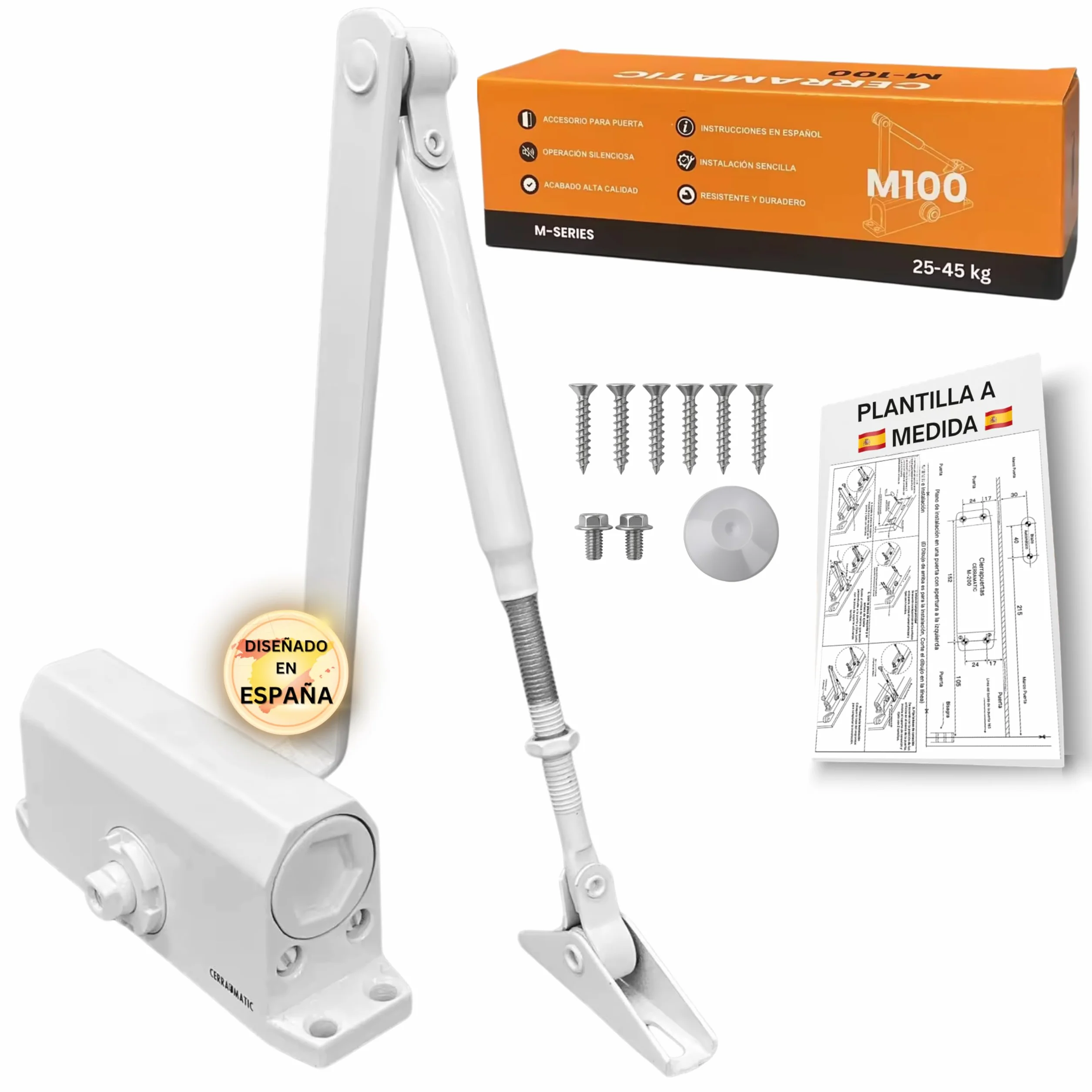 M-100, Cierrapuertas automatico, muelle puerta con brazo articulado hidráulico, muelle cierrapuertas de 25-40kg, cierre puerta, cierra puertas automatica.