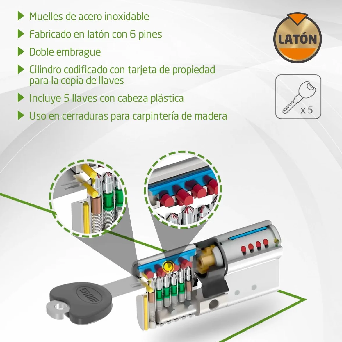 Amig - Cilindro de seguridad - Cerradura para puertas - Antiganzúa y Antibumping - Bombín Antiextracción y Antirotura - Incluye 5 llaves - Dorado mate - Medidas: 70 (30-40) mm