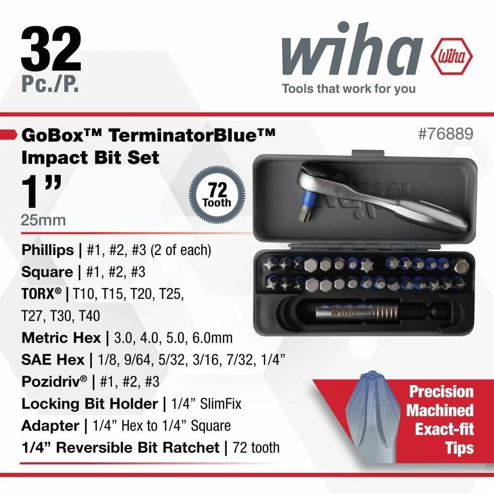 Wiha 76889 Juego de 32 brocas de impacto GoBox TerminatorBlue con mini trinquete