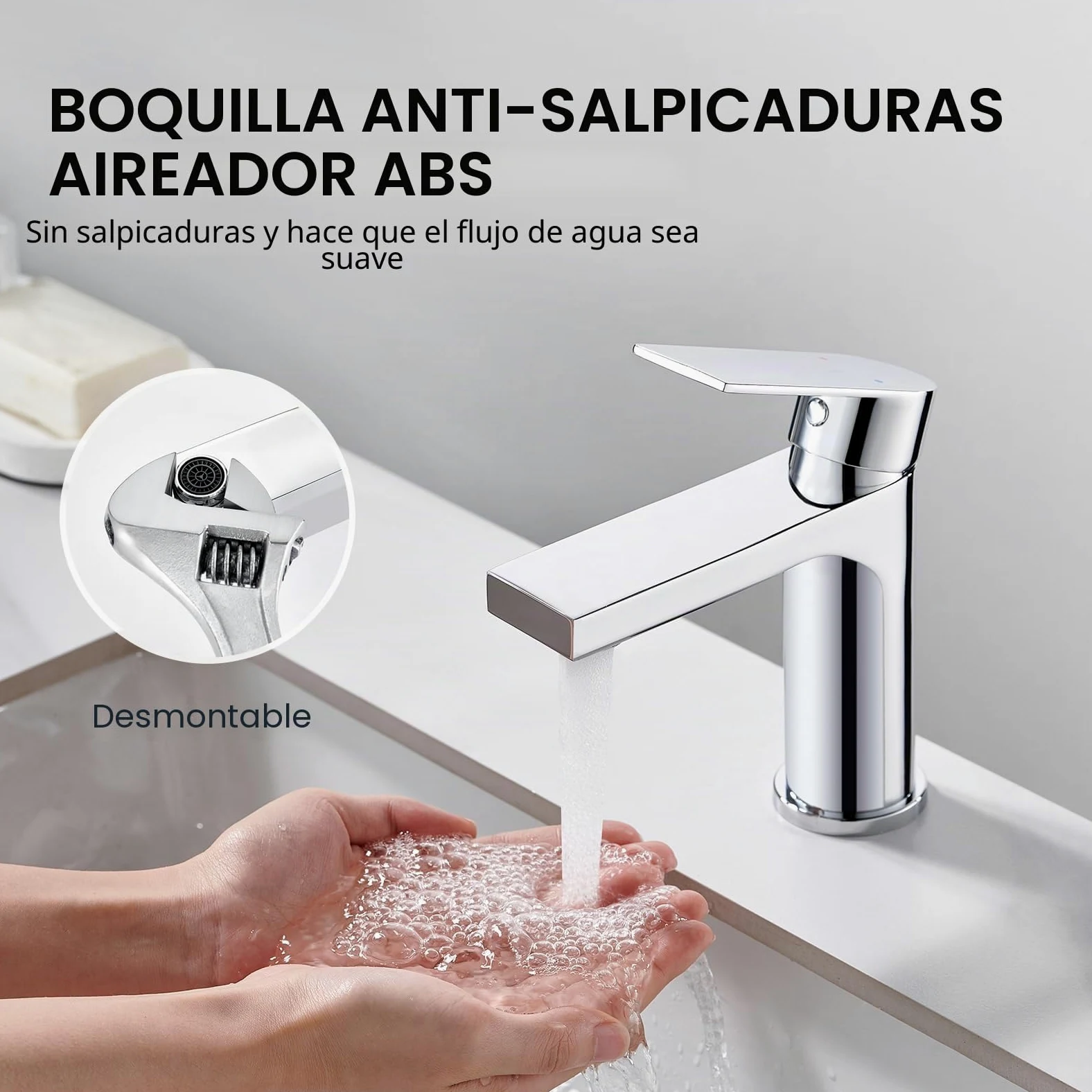 Grifo de Lavabo para Cuarto de Baño W.C. Rectangular Monomando con Desagüe Desplegable de Acero Inoxidable en Cromado Pulido