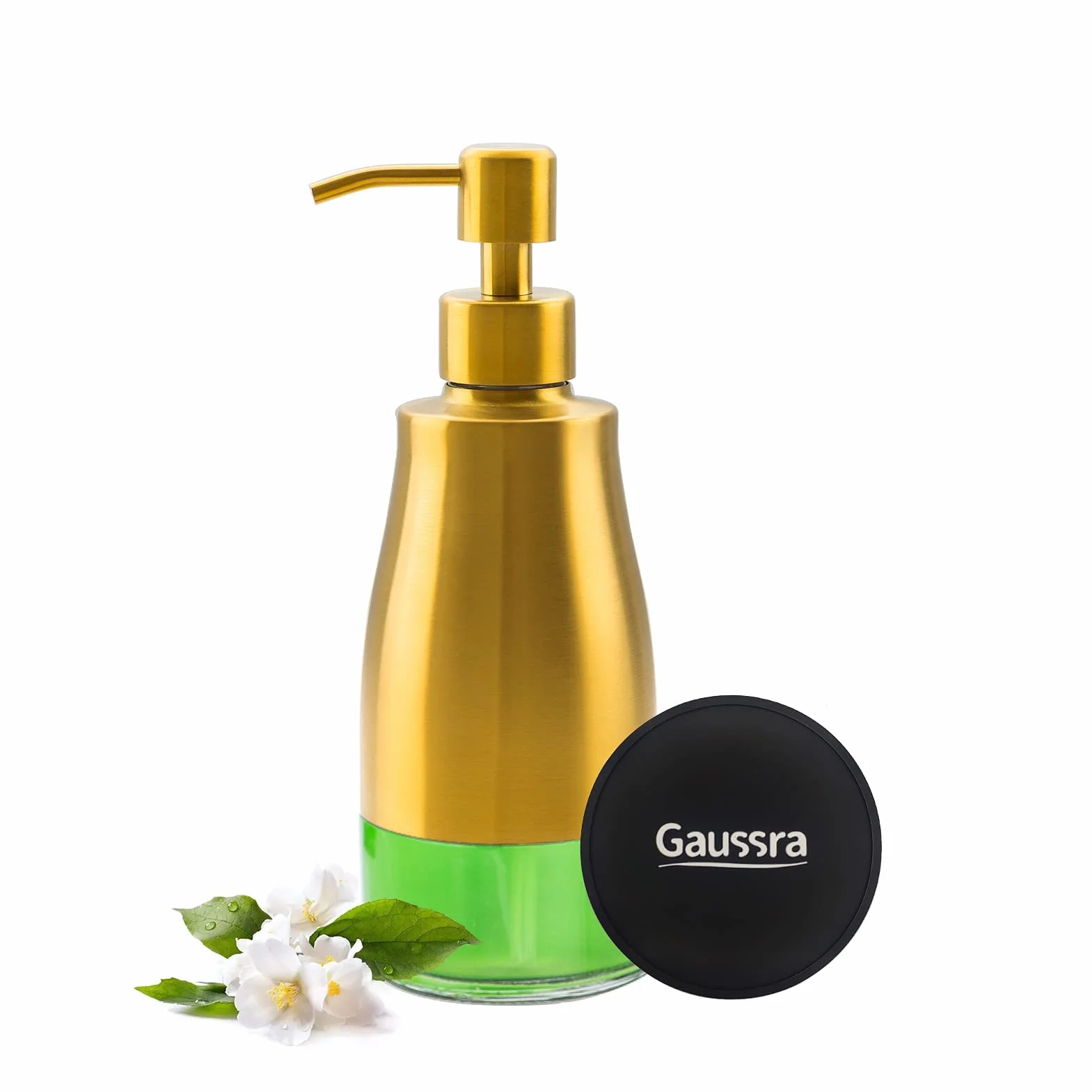Gaussra Dispensador de jabón con posavasos y calcomanías, dispensador de bomba de mano de vidrio de acero inoxidable dorado cepillado, botella antioxidante, para botella de detergente de cocina y baño