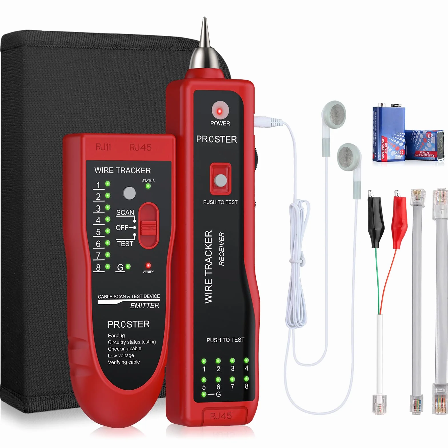 Proster Comprobador de Cables RJ45 RJ11 con Pelacables Tester de Red LAN Ethernet - Rojo