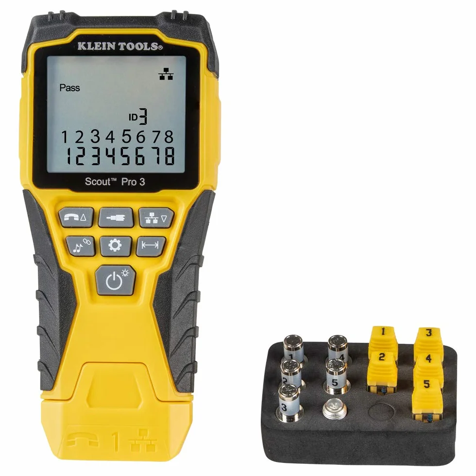 Klein Tools VDV501-851 | Kit Probador De Cables Ethernet Scout Pro 3 Con Mandos Y Adaptador | Prueba Datos Telefonia Y Coaxial | Medida Longitud Hasta 610 M | Pantalla Retroiluminada