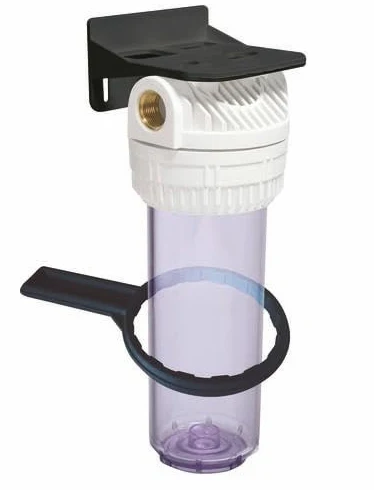 AQUAWATER - Filtro Simple Vacío 107221 - Dimensión Estándar 9''3/4 - Para Tratamiento de Agua - Incluye Soporte y Llave de Afloje - Blanco - Ø9.75 x 25 cm - Caudal Máx 1.5 m3/h