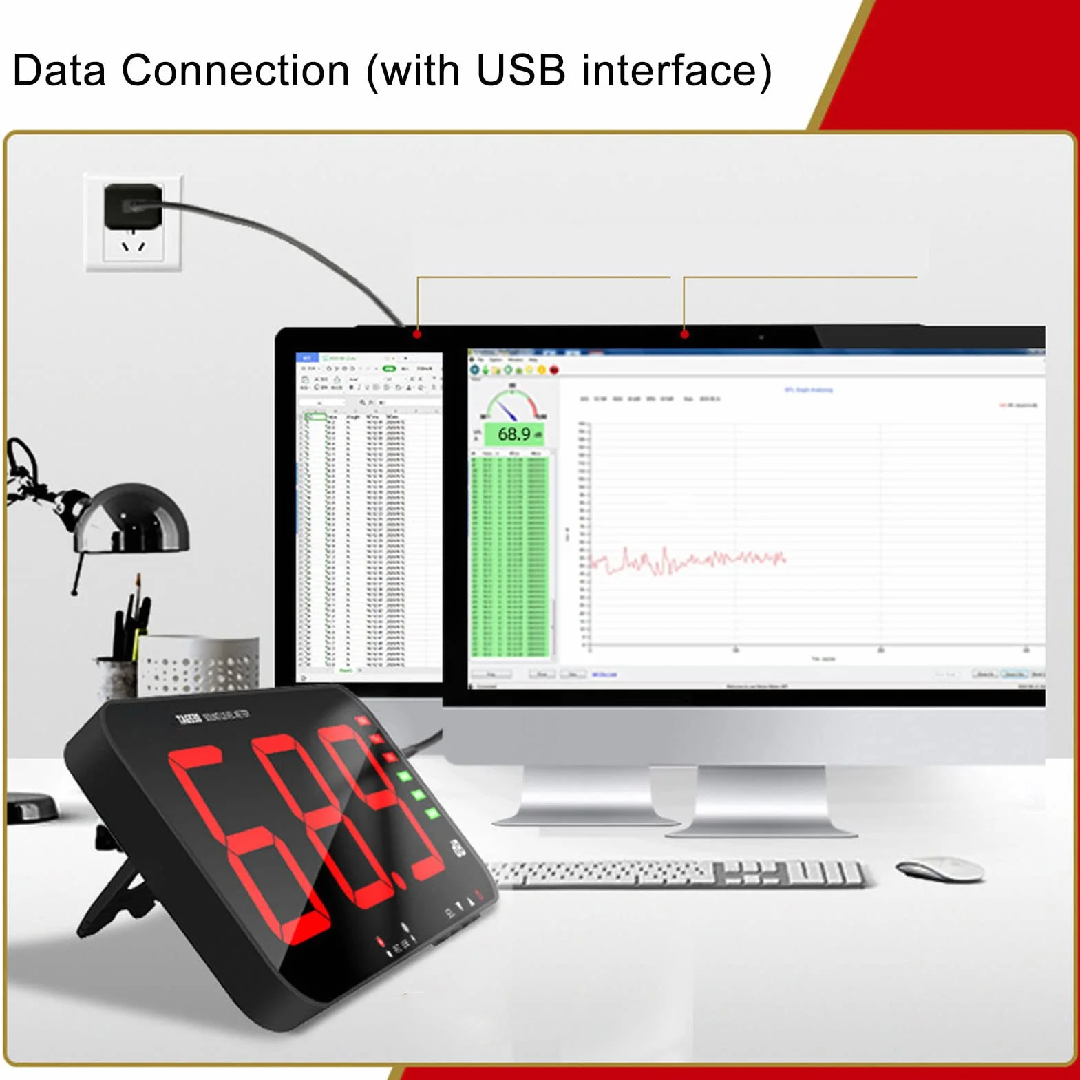 30dB-130dB DC5V 1A Medidor de Decibelios Micro USB TA654B Pantalla de 13 Pulgadas Pantalla de 3 Dígitos Medidor de Nivel de Sonido Colgador de Pared Lector de Decibelios Digital