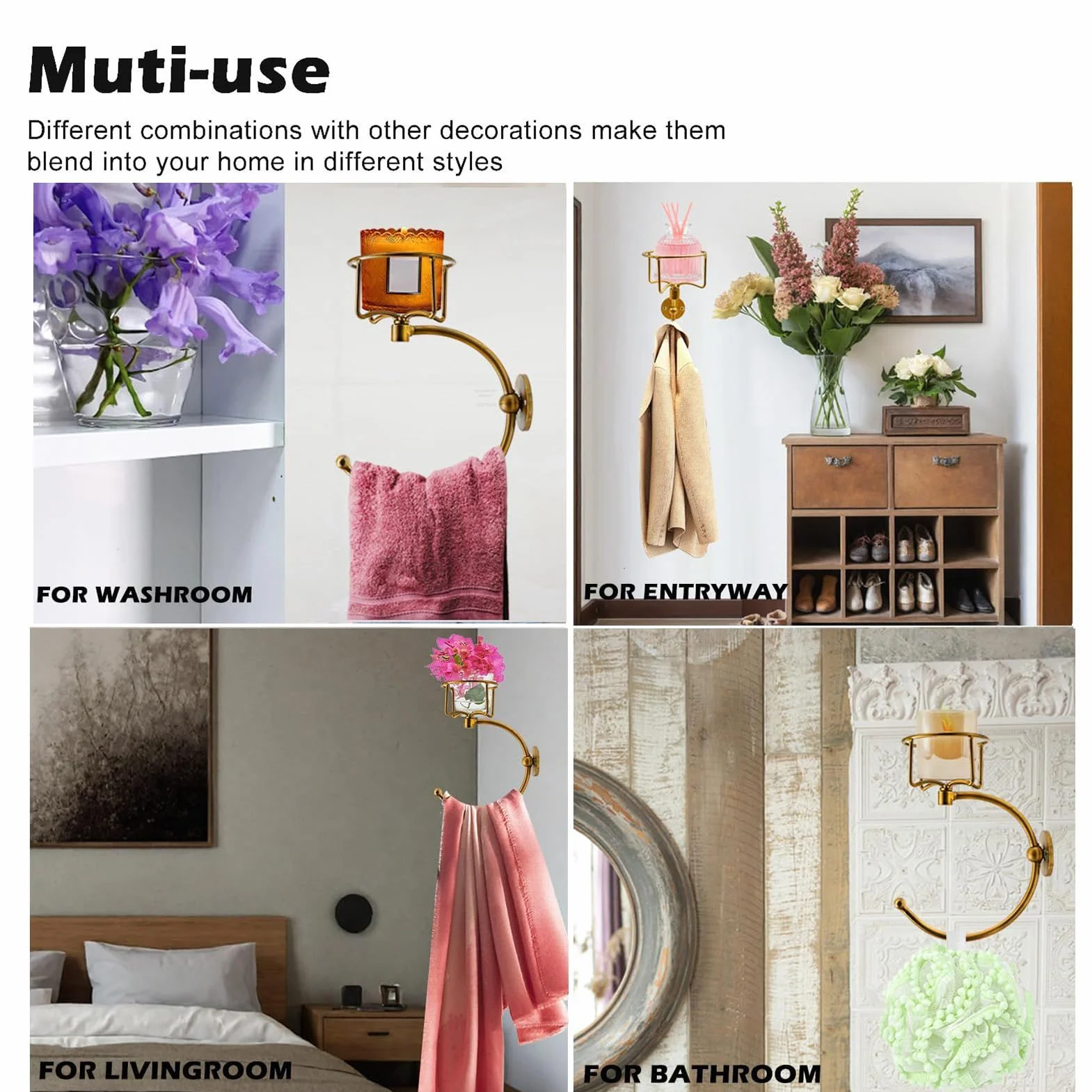 Toalla de Mano de Pared, Soporte de Toalla de Mano, Anillo de Gancho de Toalla de baño con Soporte de Velas, Estante Decorativo Elegante Creativo rústico para Amigos Hotel Hotel Kitchen Baith Centén