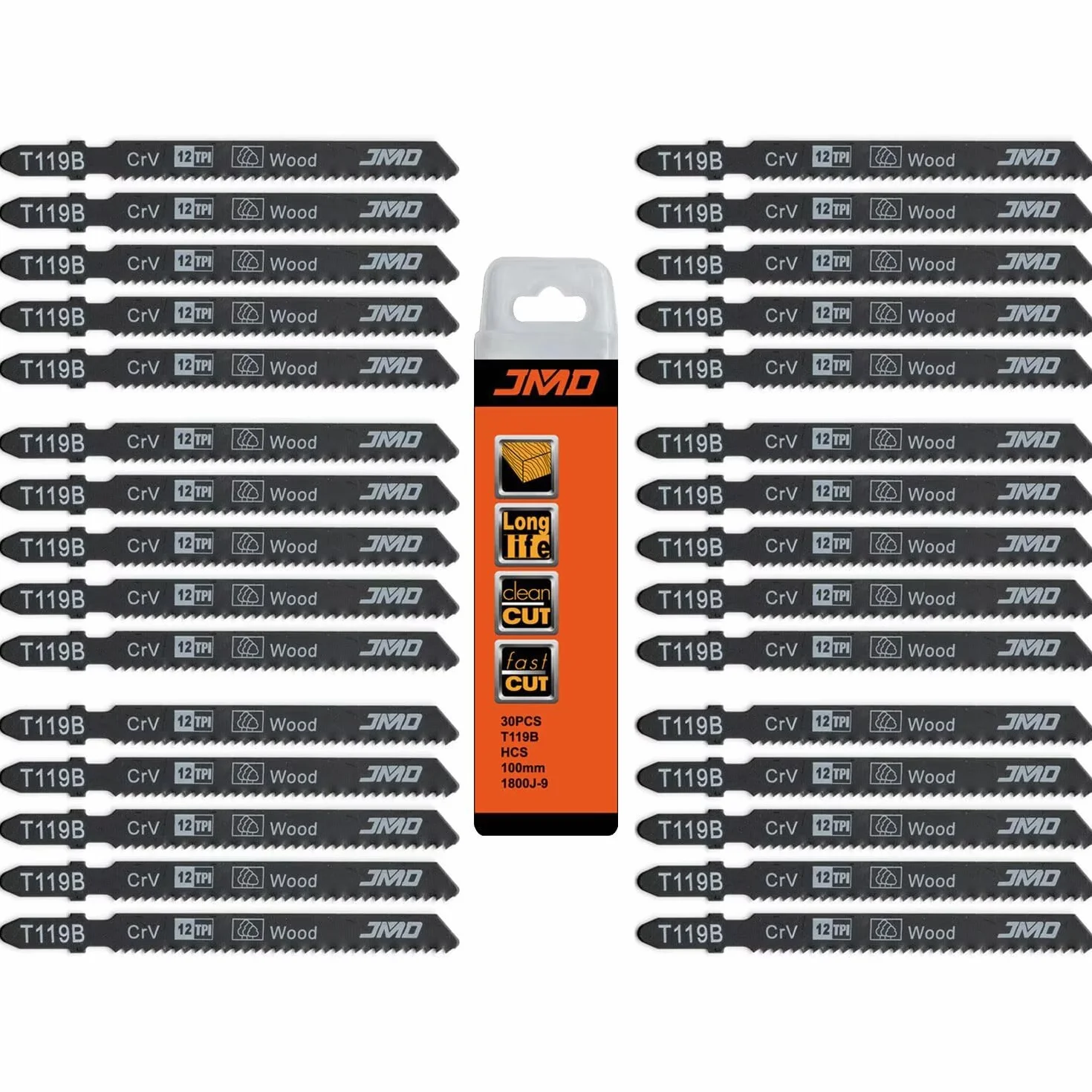Juego de 30 hojas de sierra caladora de acero de alto carbono T119B 92 mm 12TPI para herramienta de carpintería para corte recto rápido