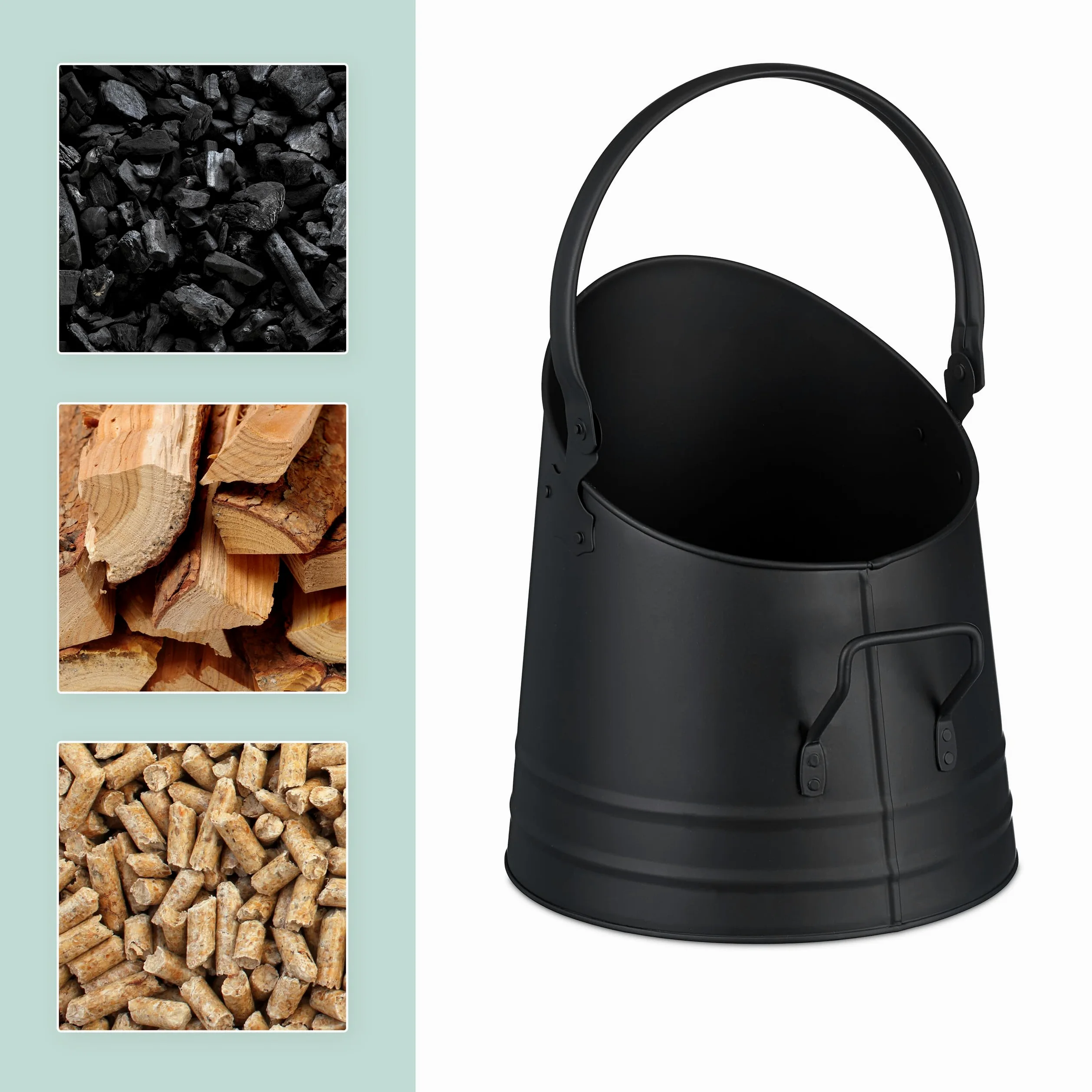 Relaxdays Cubo Cenizas, Pala, Asa y Agarre, 6,5 L, Pellets, Briquetas, Accesorios Chimenea, Recipiente Carbón, Negro