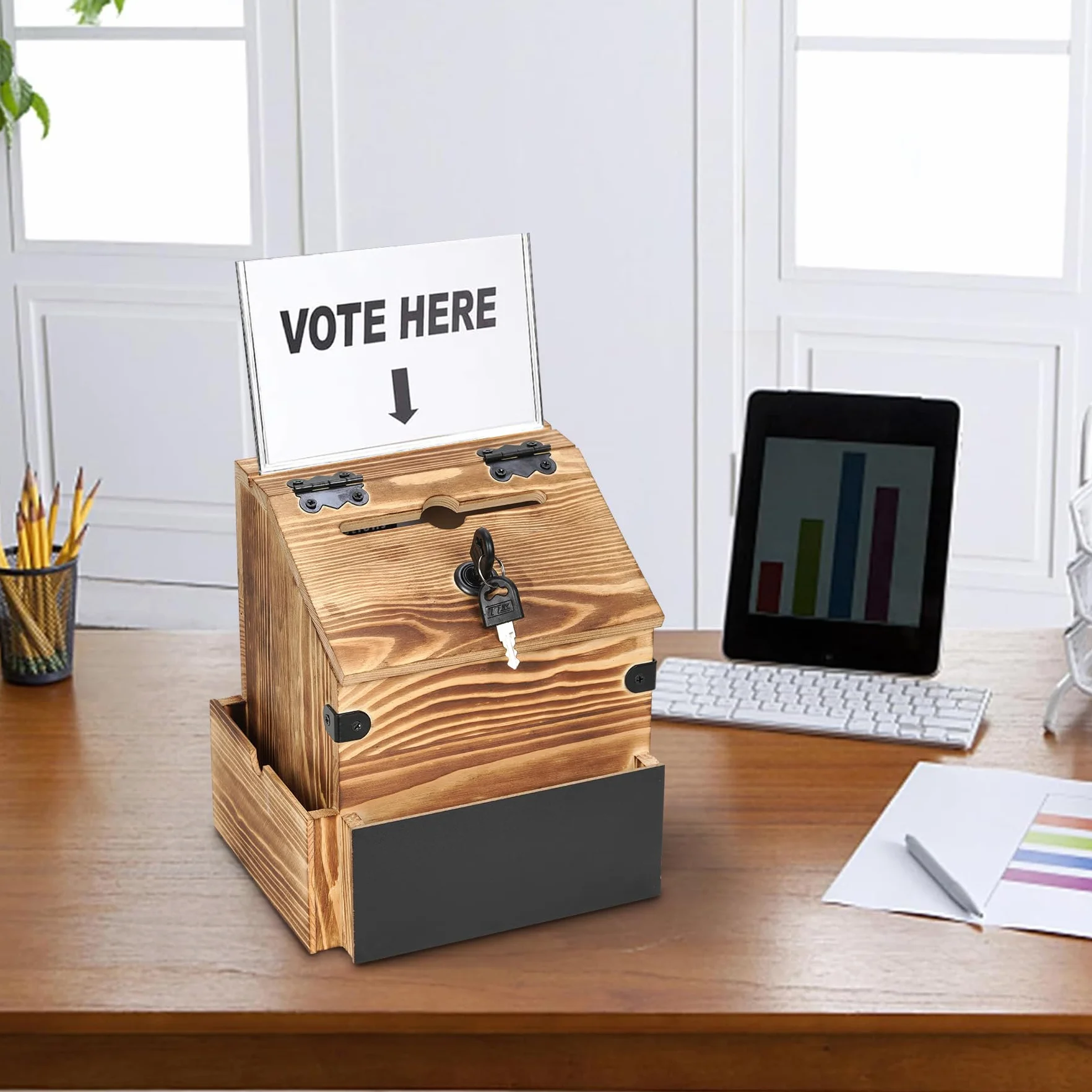 Buzón de madera con compartimento para periódicos, buzón con cerradura, buzón de correo marrón, urna, caja de sugerencias, caja de donación