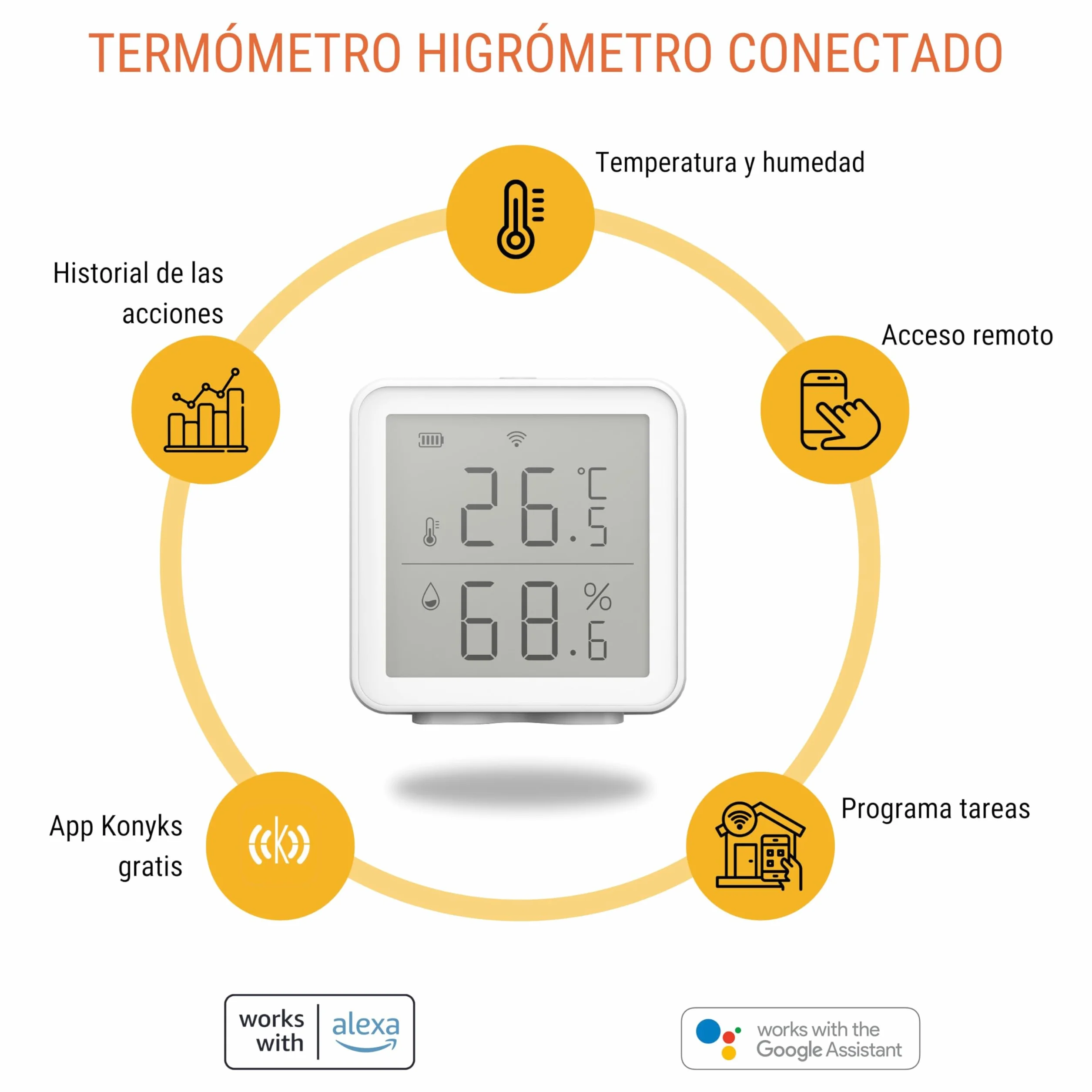 Konyks Termo Termómetro-Higrómetro Wi-Fi compatible Alexa, Google Home,Tuya, programa tareas en segùn que temperaturas